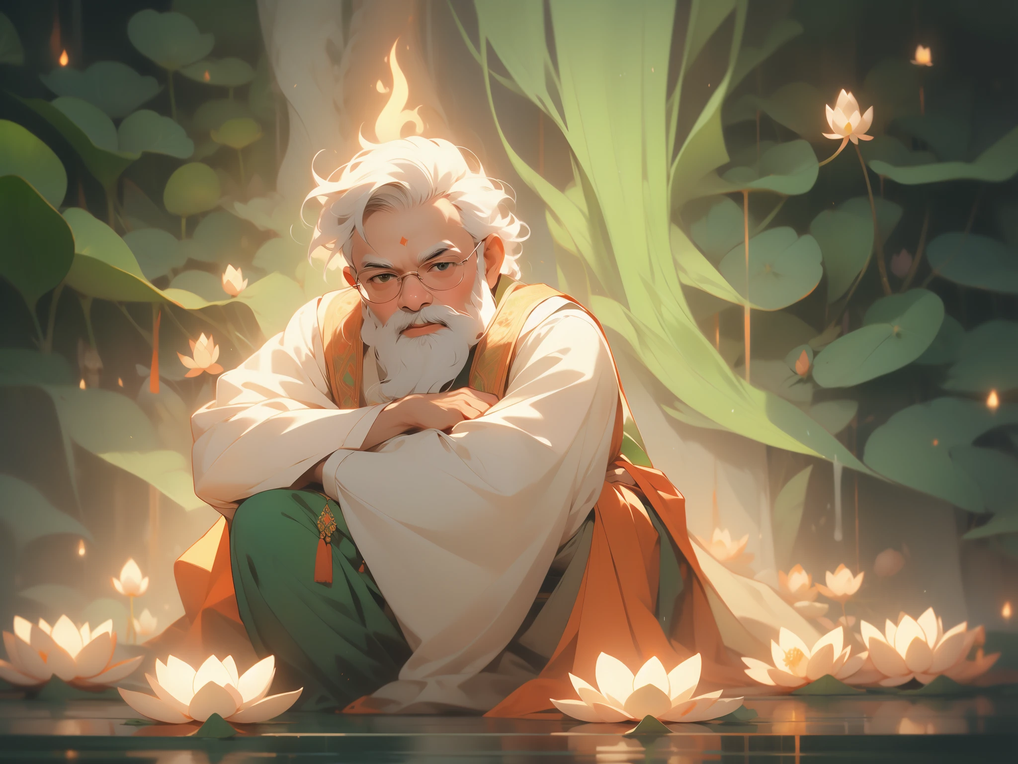 hand drawn illustration of majestic PM Narendra Modi, in prayer, sitting on a majestic lotus, out of saffron and green colored flames hand drawn flames, inferno, painting style, full frame, out-zoom, majestic background, rainbow pastel, ultra detailed, high resolution, 8K