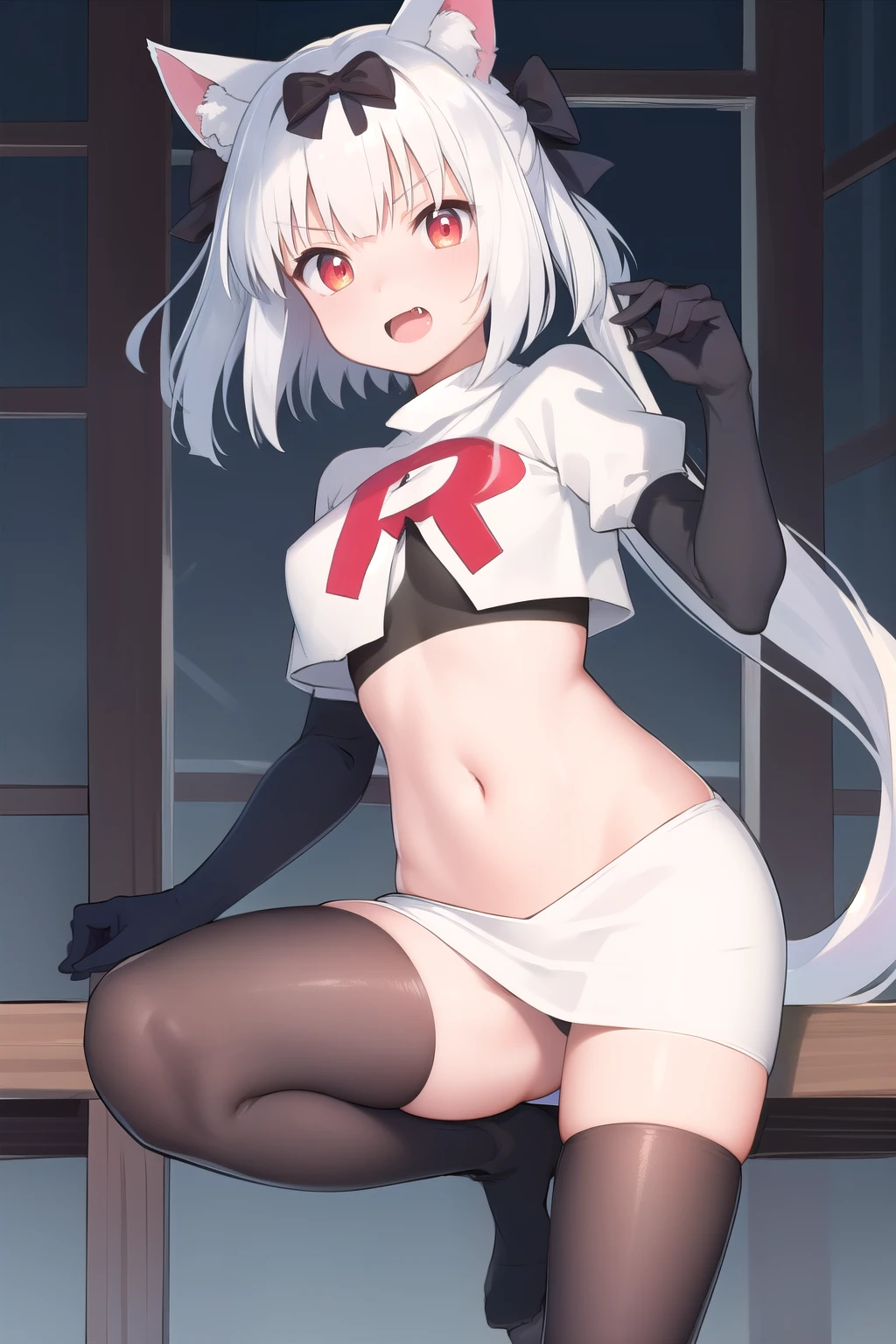 (masterpiece, best quality:1.2),illustration,8k,hd,1girl,solo,animal_ears,cat_ears,bow,long_hair,hair_bow,white_hair,bangs,medium_breasts,black_bow,ribbon,fang,twintails,animal_ear_fluff,red_eyes,hair bow,navel,team rocket,team rocket uniform,white skirt,red letter R,crop top,black thigh-highs,black elbow gloves