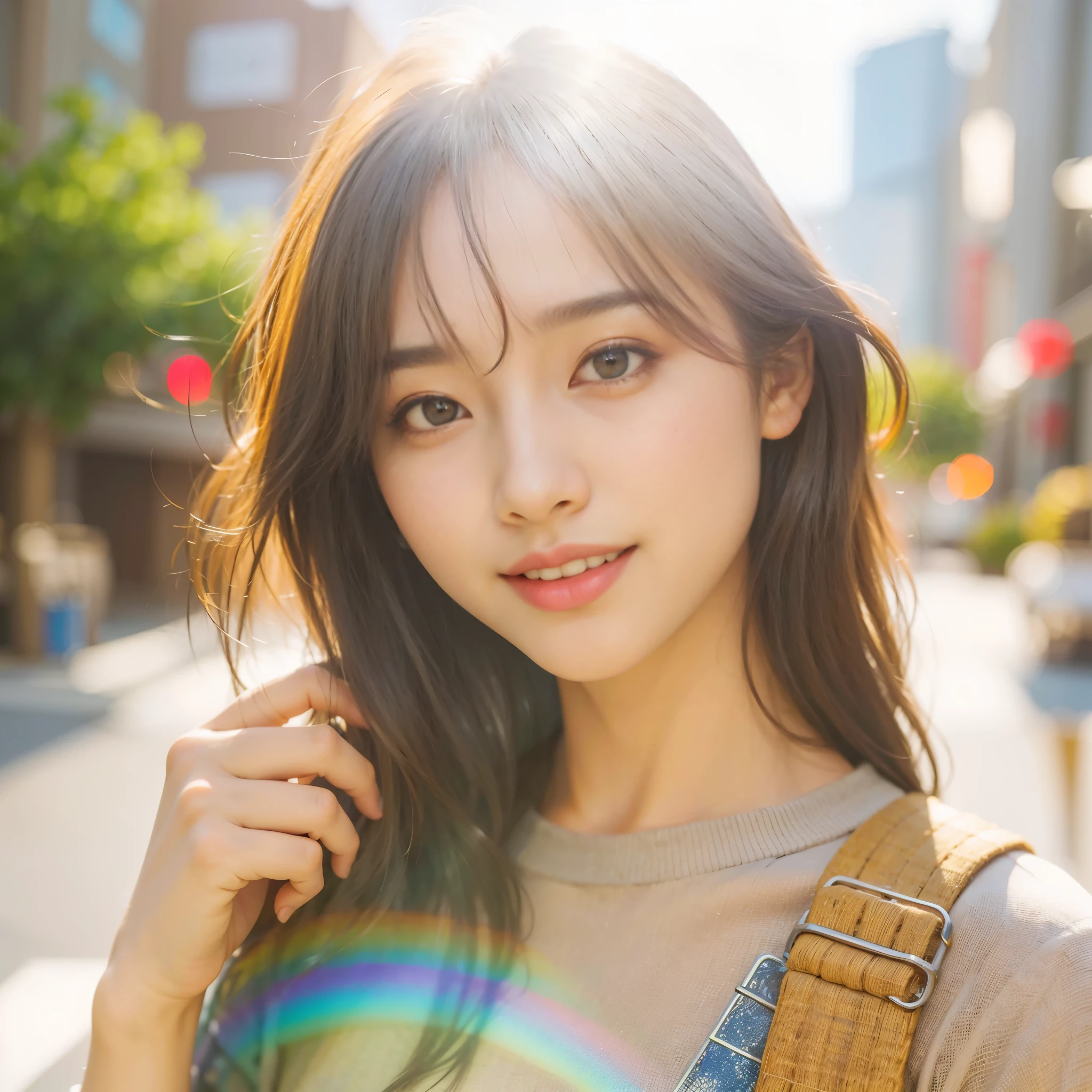 ((8k:1.27)、highest quality、masterpiece、超A high resolution:1.2)photo beautiful japanese women (fun:1.1) (gray clothes:1.21) Designed by Greg Rutkowski and Alphonse Mucha Complex elegance、fantasy、detailed、geometry、gradient lighting、1 girl、26 years old、delicate skin、looking at the audience、brown eyes、(flaxen short hair:1.2)、(very big breasts:1.0)、(medium areola:0.8)、(Photoreal:1.4)、(highest quality:1.0)、(超A high resolution:1.0)、(Without the use of hands:1.0)、8k、Raw photo、 (representative song: 0.2), (Pueros face_v1:0.5)、tight clothes、tote bag、No sleeve、one piece、No sleeve、See-through、smile、necklace、linen material、shirt、Ginza 4-chome、after work、evening、business fashion、parted bangs、hair tied up、gentle smile、
