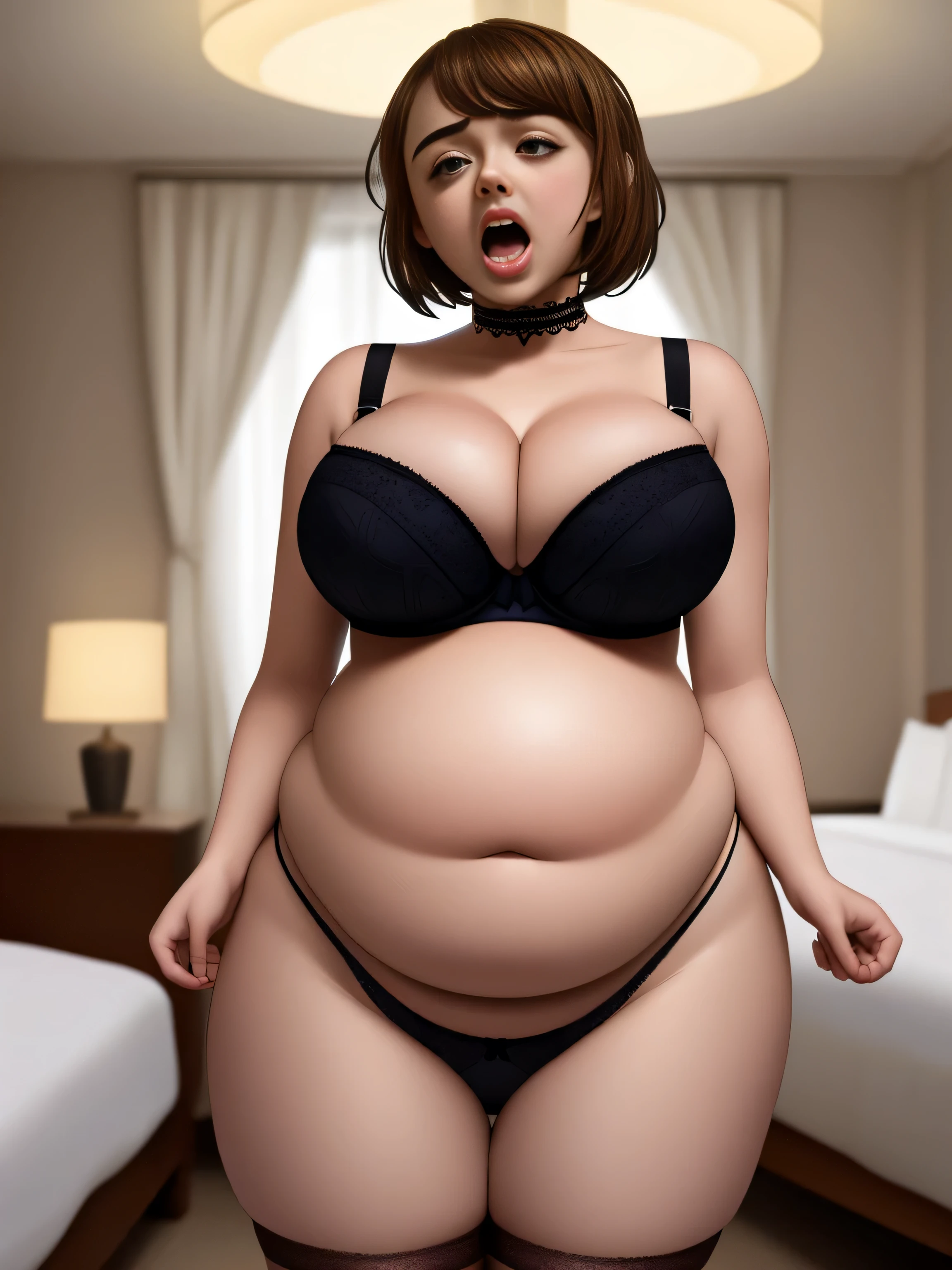 Maisie Williams, masterpiece quality, realistic, lots of detail, studio lighting, 1girl, solo, alone, (alone:1.9), in a fancy hotel room, short hair, wearing black lace bra, midriff, wearing black lace panties, wearing choker collar, wearing fishnet stockings, chubby body, chubby belly, (chubby belly:1.2), big breasts, (big breasts:1.3), lots of cleavage, seductive face, ahegao face, (ahegao face:1.3),