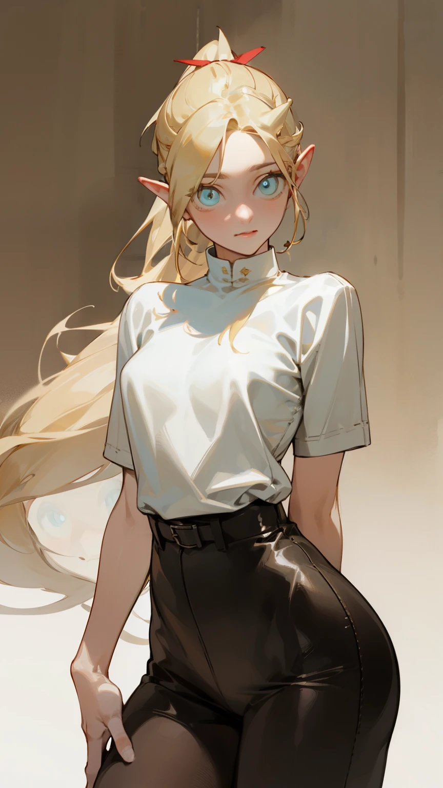 pantyhose,tight leather pants,white top,boots, fashion clothing,long golden hair,single ponytail,high ponytail, bust and waist,beautiful blonde,(masterpiece),((best quality)),(super detailed),(beautiful eyes beautiful details eyes,Clean and delicate face)