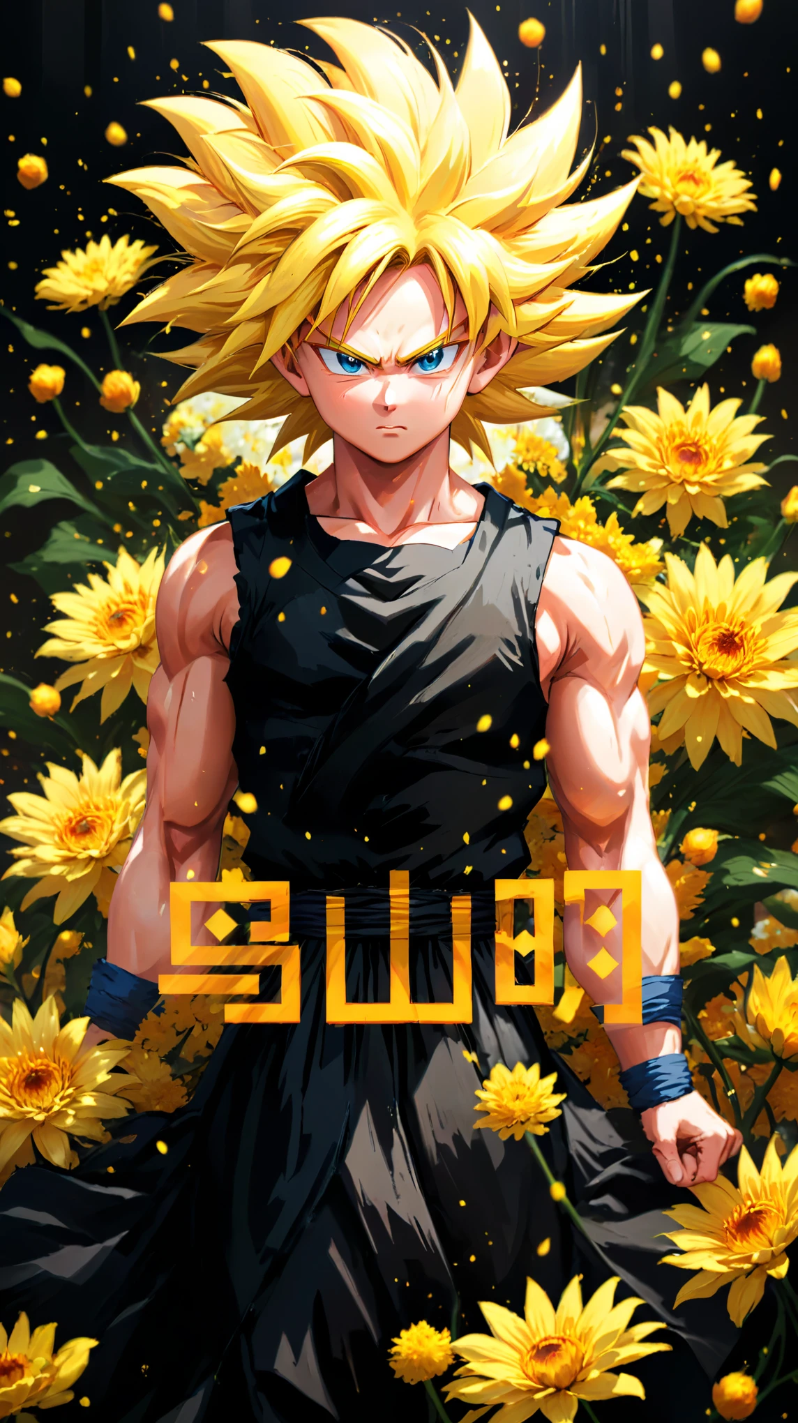 (number art),1 crying super saiyan son goku,Look down,Wearing a black dress,lily,chrysanthemum,(Chiaroscuro,Ray Tracing)