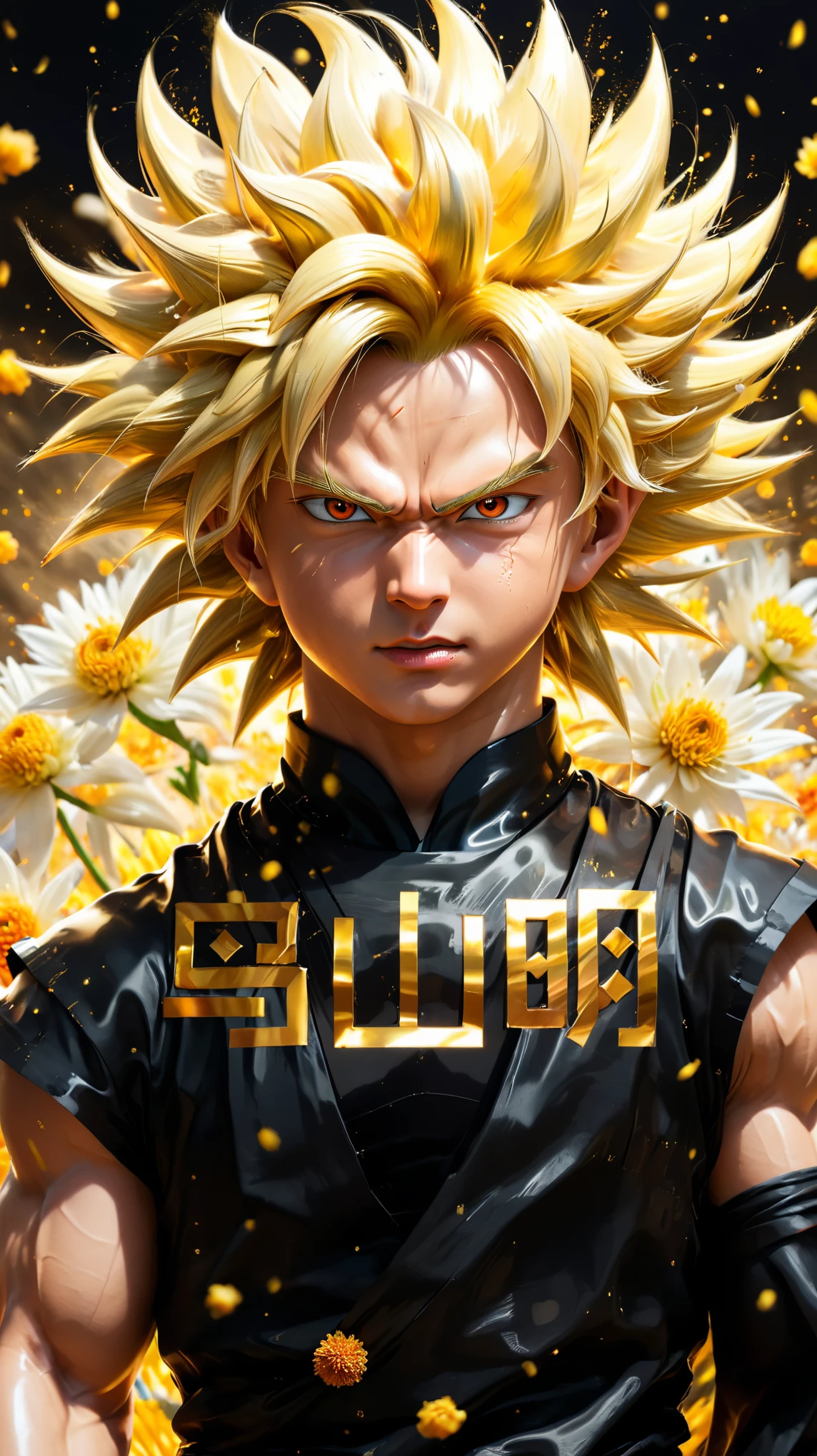 (number art),1 crying super saiyan son goku,Look down,Wearing a black dress,lily,chrysanthemum,(Chiaroscuro,Ray Tracing)