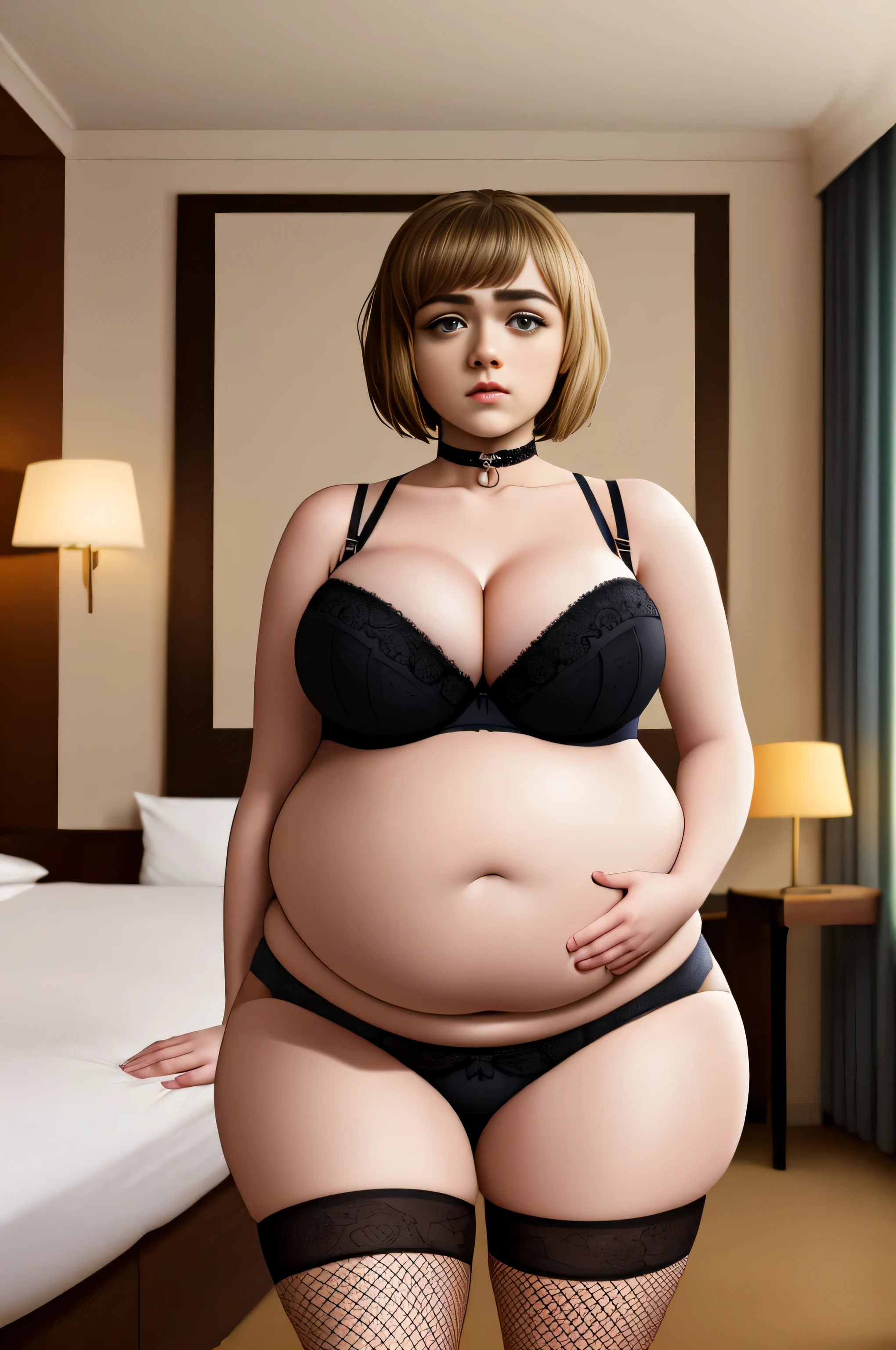 Maisie Williams, masterpiece quality, realistic, lots of detail, studio lighting, 1girl, solo, alone, (alone:1.9), in a fancy hotel room, short hair, wearing black lace bra, midriff, wearing black lace panties, wearing choker collar, wearing fishnet stockings, chubby body, chubby belly, (chubby belly:1.3), big breasts, (big breasts:1.3), lots of cleavage, seductive face, 