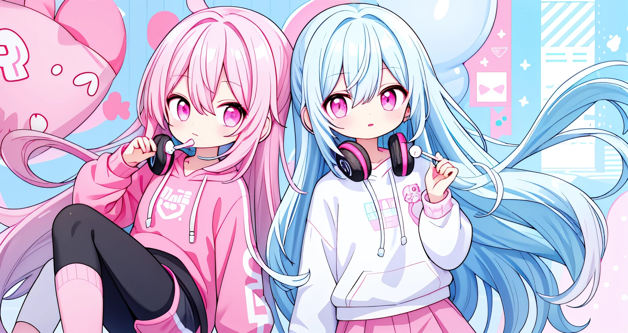 light blue long hair,Pink and white sweatshirt,pink eyes,black headphones,Lollipop in mouth
