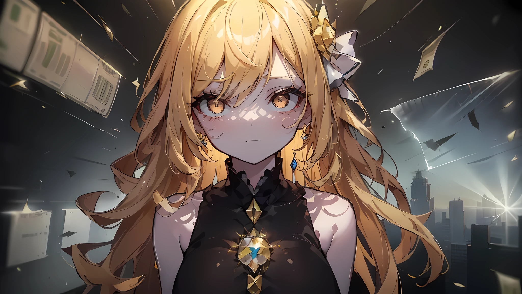 1 girl, standing, ((corporate dress)), (long blonde hair in view, in frame, pale skin, ((brown eyes)), (glowing_eyes, luminescent eyes), ((ultra detailed eyes:0.7, beautiful and detailed face, detailed eyes:0.9)), (centered), semile, (wide shot), ((vibrant background of corporate building, flying money, bright lighting, summer, sunlight)), normal breast, looking at viewer, ((head:1, hips, elbows, arms in view)), ((hands holding money:0.7)), beautiful lighting, defined subject, (************), ((cool looking)), ((glare)), ((half body:0.6))
