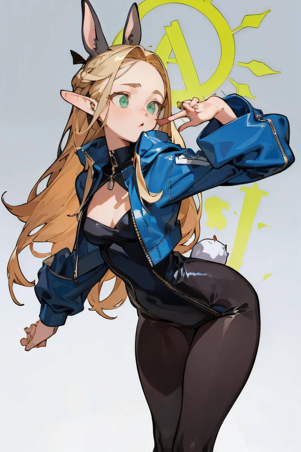 (masterpiece, best quality) detailed, 1character , blue archive art style , Wearing black tights, silver accessories , zip up , blonde ,elegant,  pointed ears ,bunny girl costume