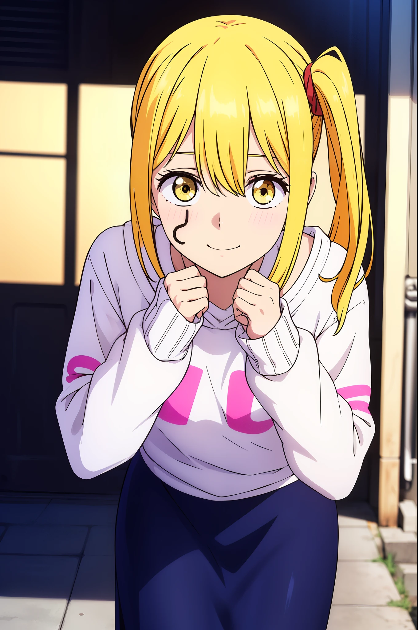 master piece, best quality, 8k, ultra high resolution, highest quality, anime style, best writing, beautiful face, Beautiful illustrations, 1 girl, solo、long hair, yellow eyes, (side ponytail:1.3), blonde, Bruise on face, best smile, blush, (white sweatshirt:1.3), (Check pattern skirt:1.3), Scrunchies in the hair, best lighting, In town, In front of the station, close up, free pose