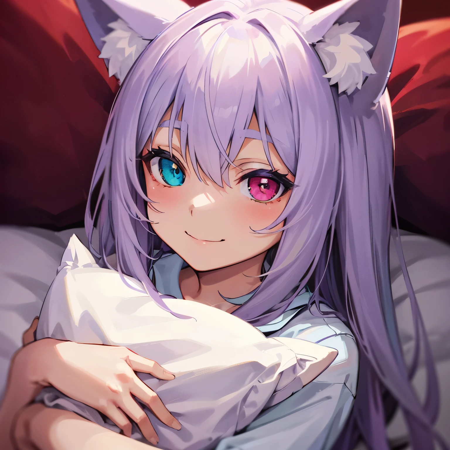 close-up portrait of ((solo catgirl)) hugging a pillow, light violet hair, nekomimi, simple plain background, innocent smile, pajamas, masterpiece, heterochromia, polychromia