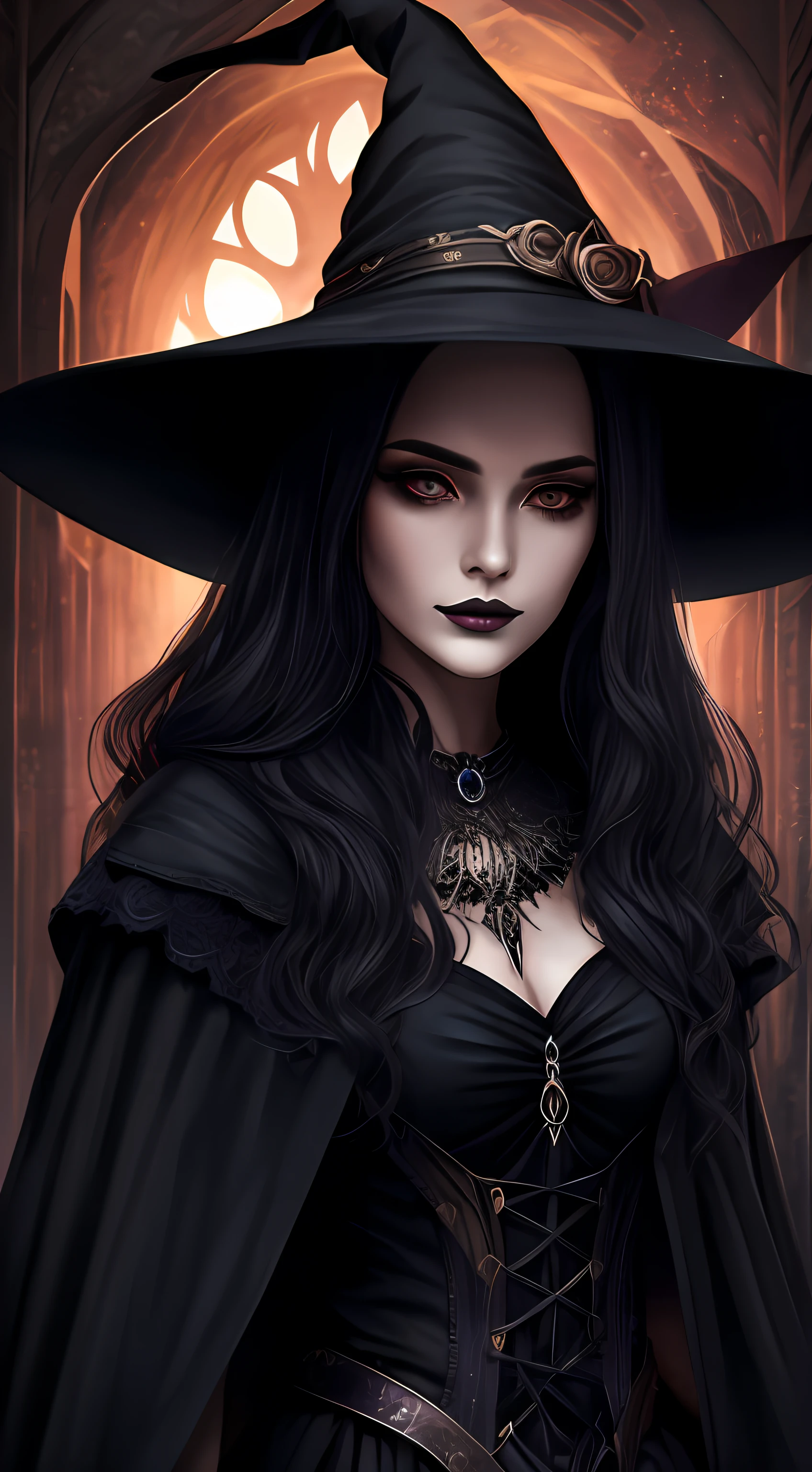 Facing the camera, witch dressed in black, beautiful witch, dark witch, dark fantasy magician, evil witch, dark witch, beautiful witch, dark witch character, classical witch, beautiful witch, dark fantasy style art --auto