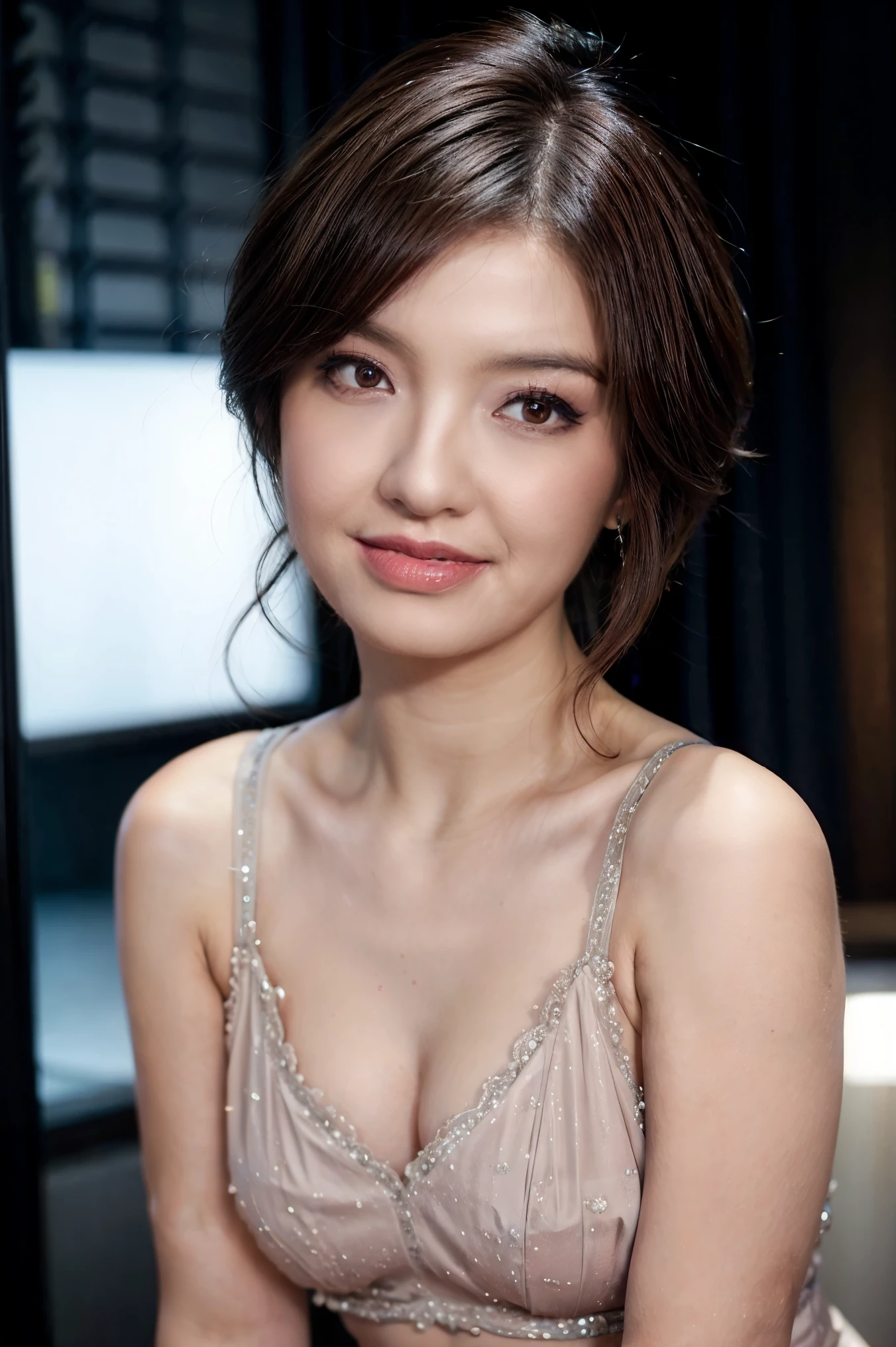 Malay girl, very short red hair, side swept pixie haircut, wear soft blue Mini peplum backless Dress , laughing and posing with hand on waist, touching her own head, windy, detail skin, age spot, detail skin texture, small breast, flat chest, wide hips, small waists, thick thighs, slim abs, beautiful body, nighttime, laughing, happy, bright lighting, crowded cafe, blur background, bokeh, high quality, ultra detail, 8k,