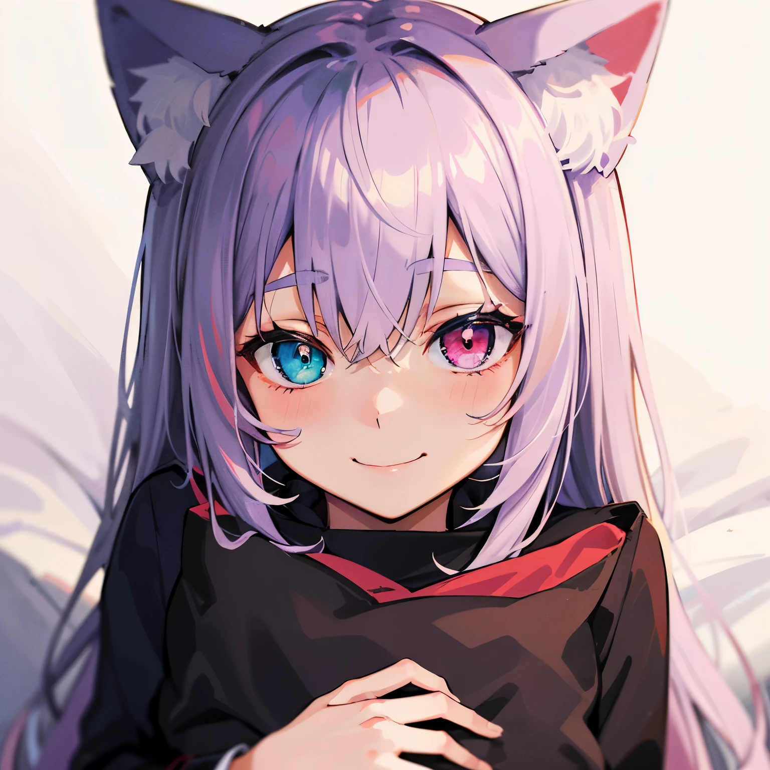 close-up portrait of ((solo catgirl)) hugging a pillow, light violet hair, nekomimi, simple plain background, innocent smile, pajamas, masterpiece, heterochromia, polychromia