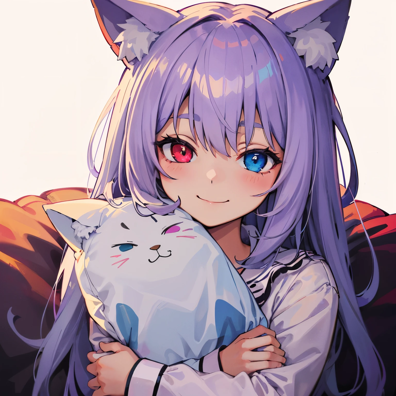 close-up portrait of ((solo catgirl)) hugging a pillow, light violet hair, nekomimi, simple plain background, innocent smile, pajamas, masterpiece, heterochromia, polychromia