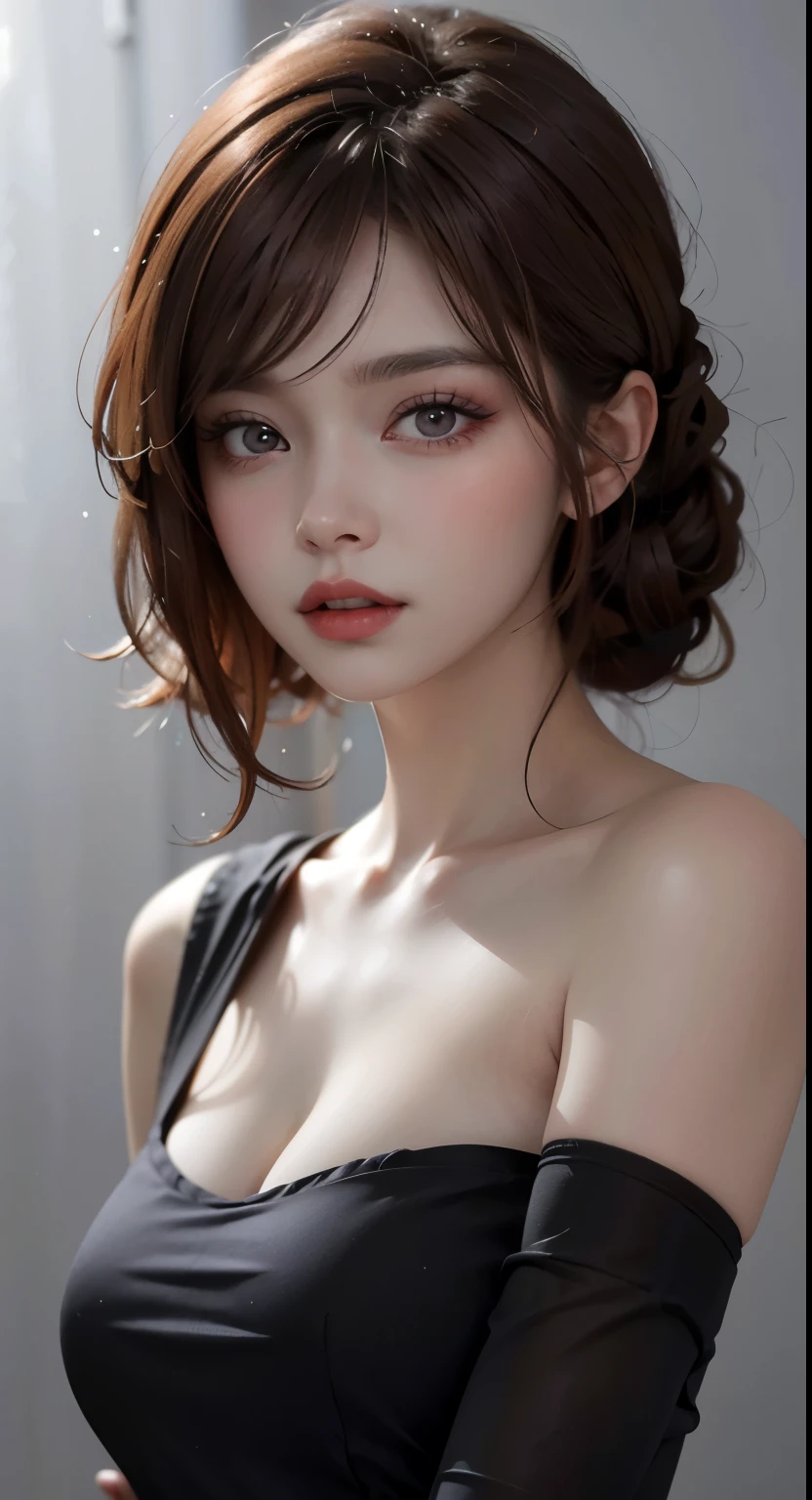 A masterpice、最好的质量、Raw photo、photorealestic、large tits、face lights、shinny skin、high resolucion、super detaill、shinny skin、Black choker、Brown hair、Medium hair、White off-shoulder shirt、Less exposure