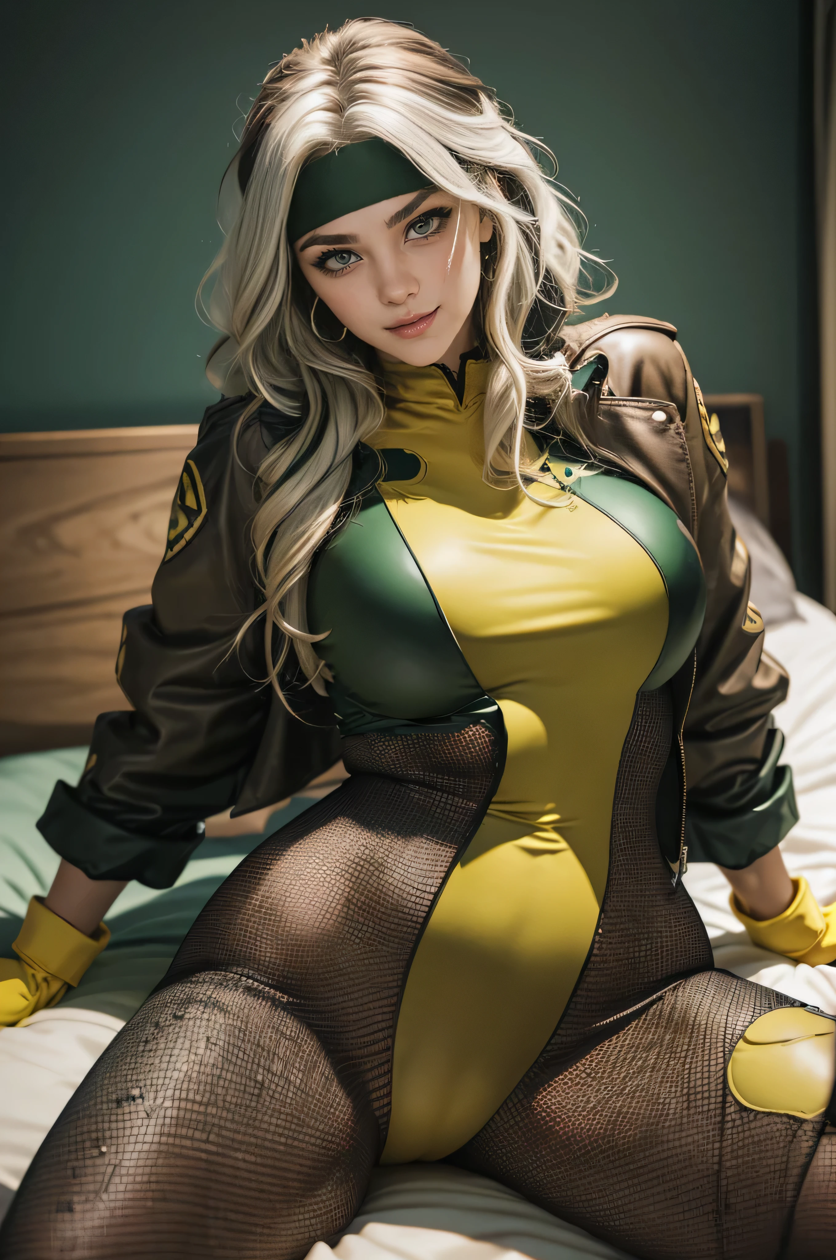 (masterpiece:1.0), (best_quality:1.2), Classic Rogue, 1991 Rogue X-Men, 1 girl, Only, full body view, medium length hair, brown hair, wavy hair, messy hair, one lock of white hair, headband, green eyes, mischievous look, smirking, parted lips, curvy figure, large breasts, visible nipples, lipstick, makeup, jacket, gloves, 2 belts, yellow gloves, green ripped bodysuit, multicolored ripped bodysuit, skin tight, open jacket, headband, gold hoop earrings, multicolored clothes, character accurate clothes, Looking at the Viewer, sexy pose, seductive smile, (realism: 1.5), (Realistic: 1.4) , (Absurdity:1.4), 8k, ultra-detailed, Detailed Beautiful Woman, (only:1.4) , 1girl, background of a hotel bedroom, sitting on the bed, official art, extremely detailed CG unity 8k wallpaper, perfect lighting, Colorful, ultra high res, photography, 8K, HDR, (bokeh:1.2), lens flare, (vibrant_color:1.2), professional photograph, sexy, sultry