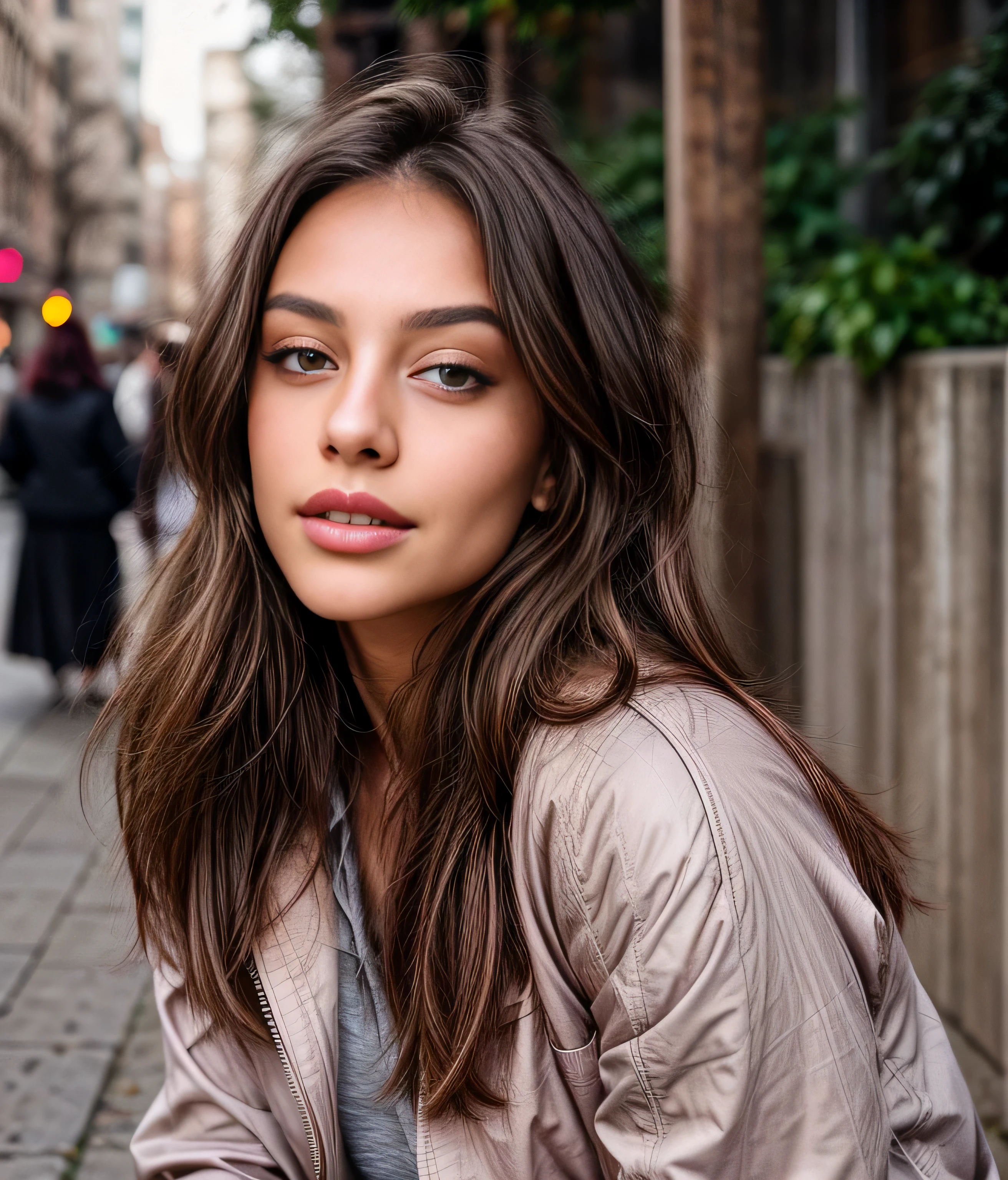 Una hermosa joven blanca mirando hacia arriba, cabello oscuro y liso, light brown eyes, sus labios deben ser carnosos y atractivos con un tinte rosado natural, foto de instagram (piel texturizada, poros de la piel:1.1), (moles:0.8), piel imperfecta, cara perfecta. foto de perfil de cara. chaqueta oscura, camisa gris, falda