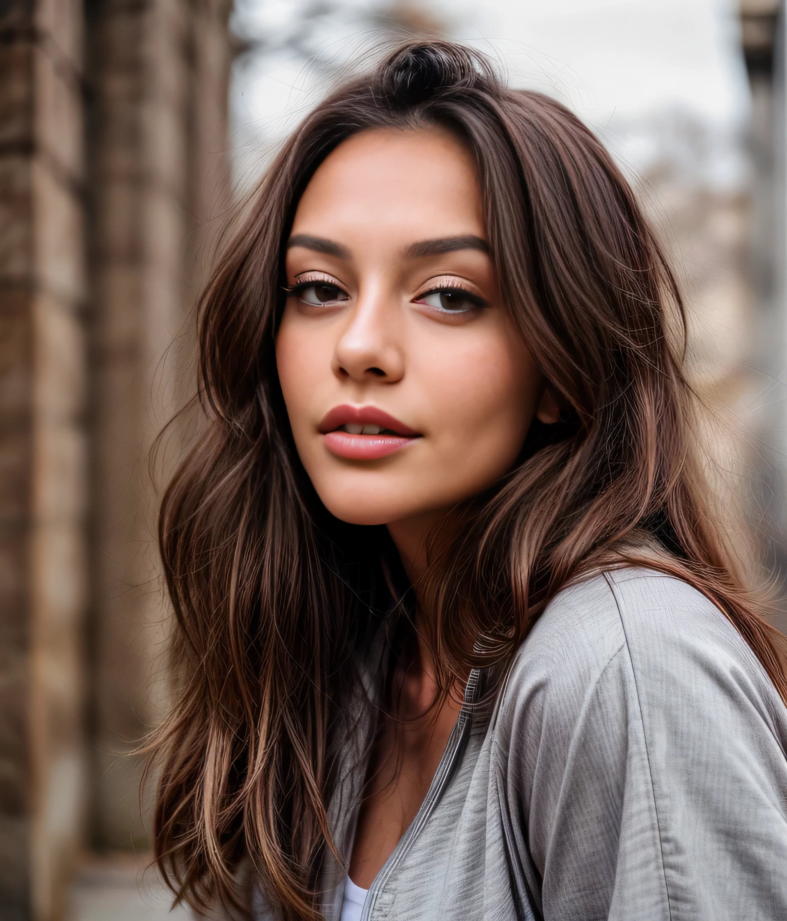 Una hermosa joven blanca mirando hacia arriba, cabello oscuro y liso, light brown eyes, sus labios deben ser carnosos y atractivos con un tinte rosado natural, foto de instagram (piel texturizada, poros de la piel:1.1), (moles:0.8), piel imperfecta, cara perfecta. foto de perfil de cara. chaqueta oscura, camisa gris, falda