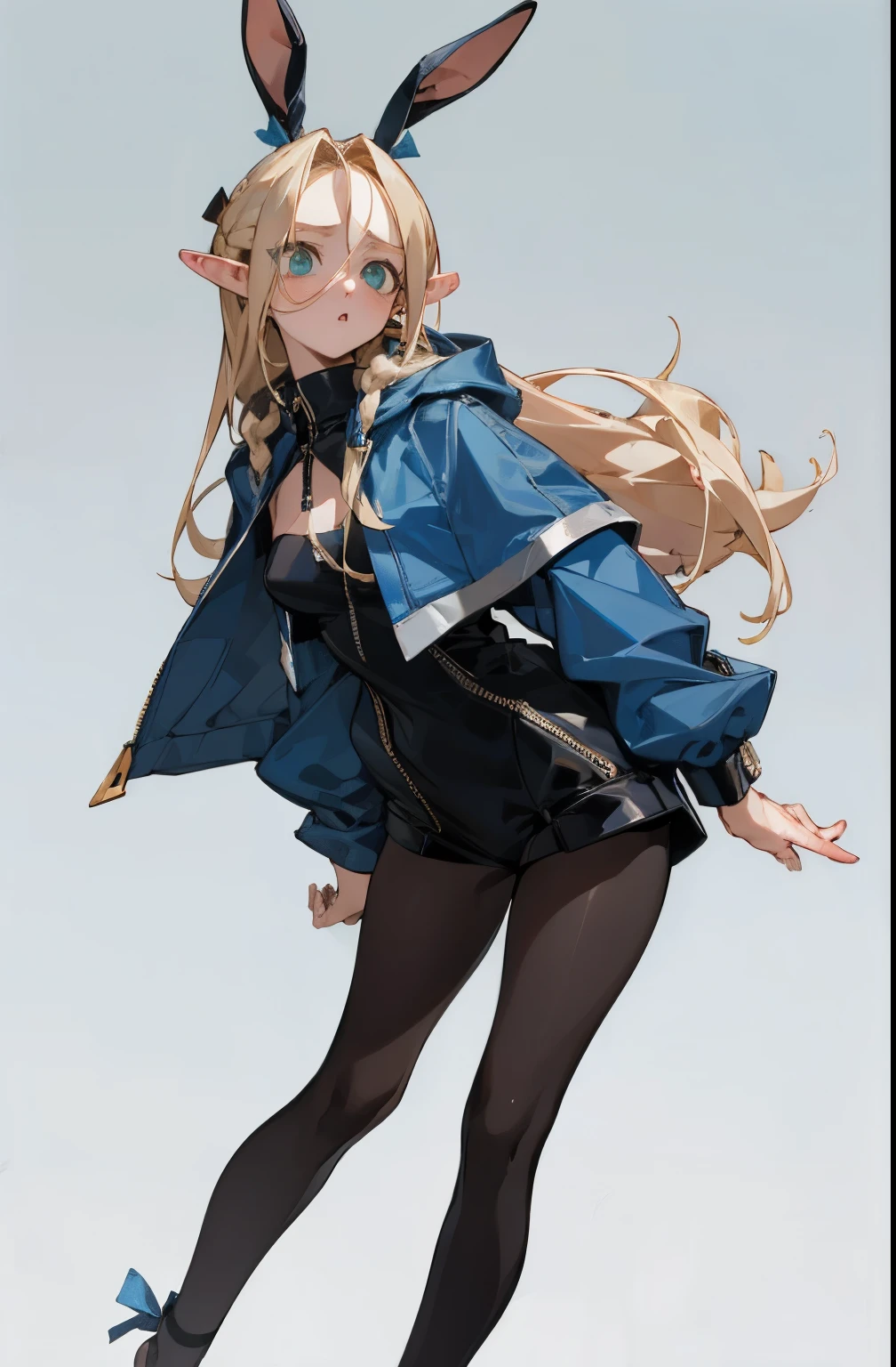 (masterpiece, best quality) detailed, Wearing white tights, silver accessories , zipper unzipped , blonde ,elegant, pointed ears ，