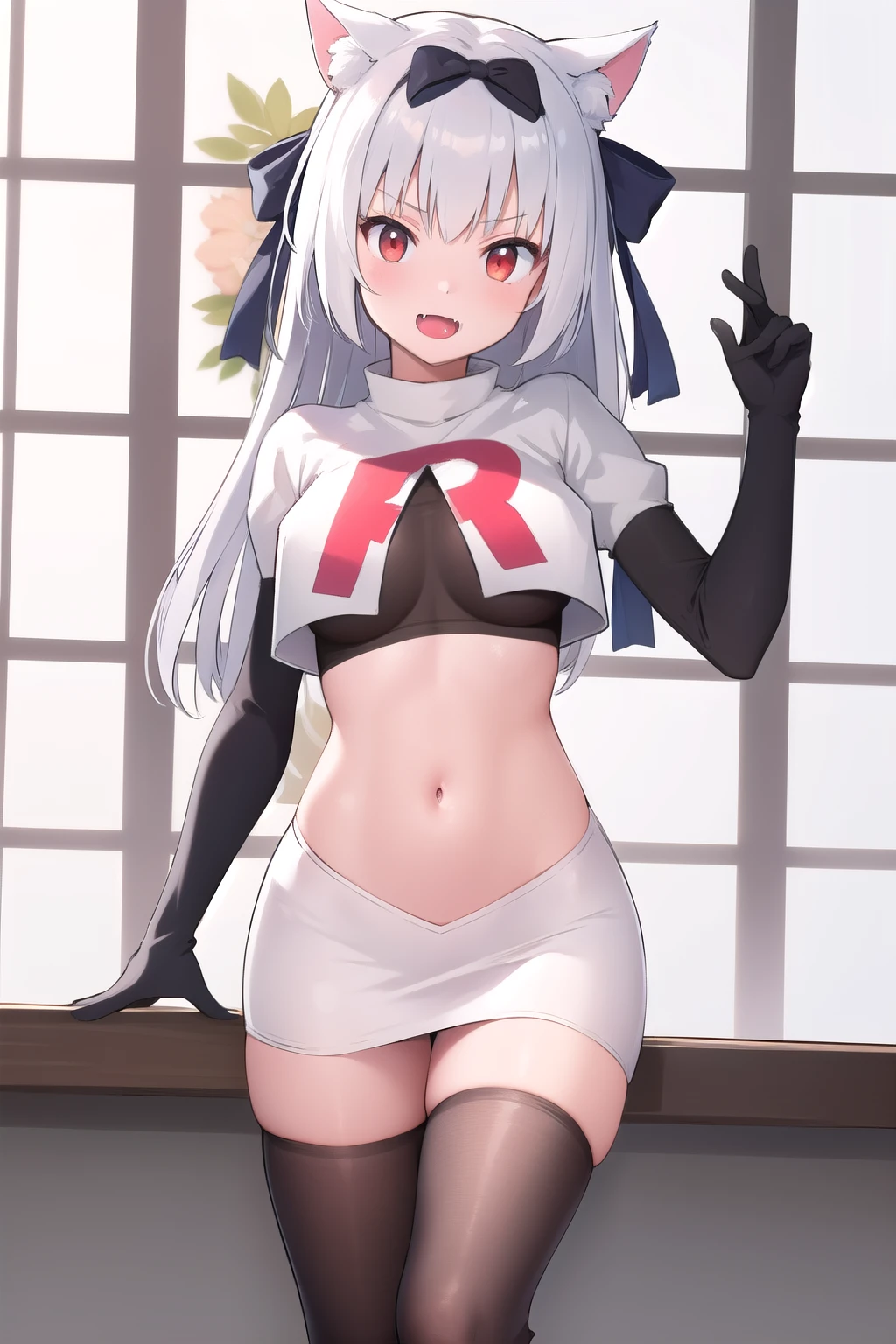 (masterpiece, best quality:1.2),illustration,8k,hd,1girl,solo,animal_ears,cat_ears,bow,long_hair,hair_bow,white_hair,bangs,medium_breasts,black_bow,ribbon,fang,twintails,animal_ear_fluff,red_eyes,hair bow,navel,team rocket,team rocket uniform,white skirt,red letter R,crop top,black thigh-highs,black elbow gloves