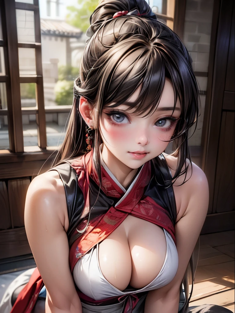 frontal view, very beautiful woman facing the viewer, traditional, photo realistic style, sexy sleeveless hanfu, white huge breasts, open cleavage, waist thin, adoring expression is the focus, biting her lower lip