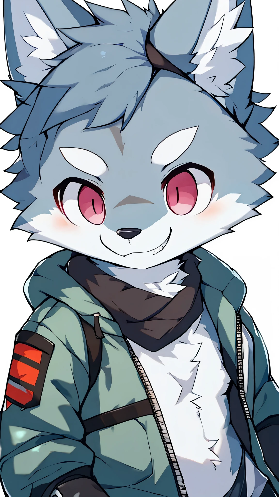 1girl、Light blue fur、Wear a rider's jacket、Wolf facial features、Wolf body characteristics、wolf ears,highly detailed body hair、small breasts、grin、pink eyes、sharp outline