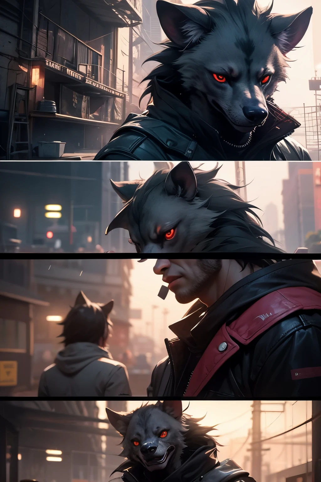 Digital drawing of anthropologymorphic hyena male drawn in cell shaded, ferson, Furry fandom, cyberpunk setting neon rain, anthropology, Wear a cyberpunk jacket 2 0 7 7, detailed face, Nwinkpunk, The perfect style
