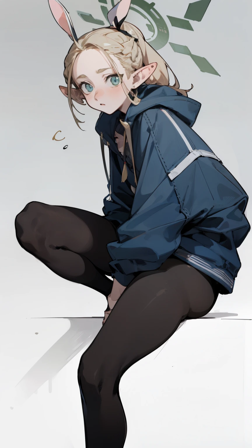 (masterpiece, best quality) detailed, 1character , blue archive art style , Wearing black tights, silver accessories , zip up , blonde ,elegant, pointed ears ,bunny girl costume