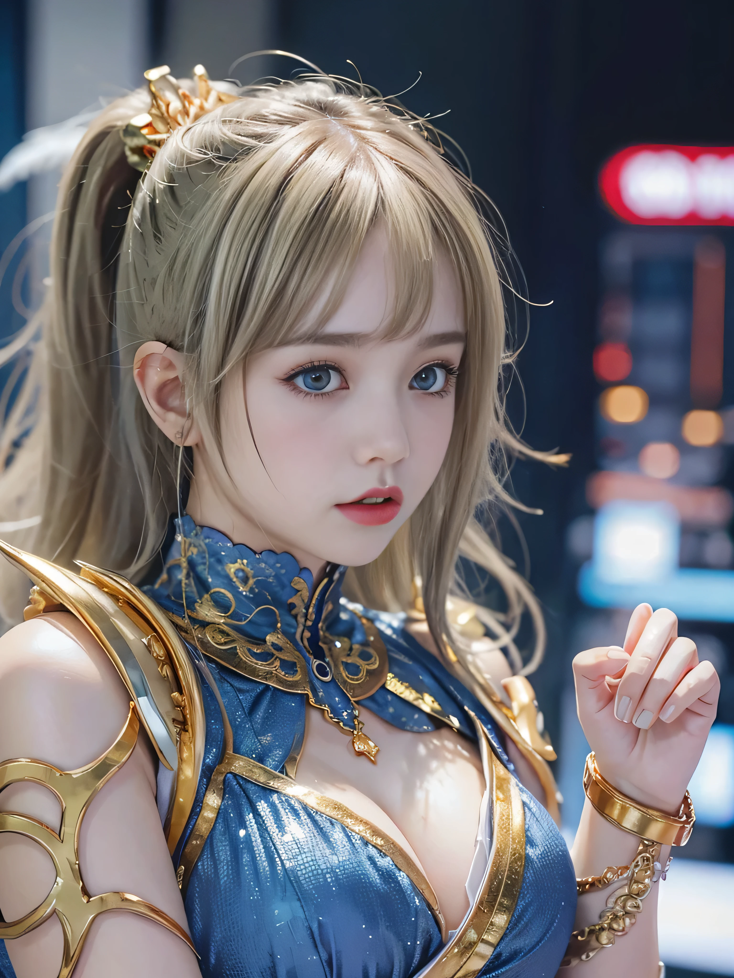 highest quality、masterpiece、超A high resolution、(Photoreal:1.4)、RAW photo、Detailed CG image quality、cyber punk、beautiful feces、1 girl、(silver hair), (gold hair ornament:1.4)、(angel costume:1.4)、cleavage、(Pure White Syntex Suit)、(sky blue eyes:1.2), (shining eyes), (Fierce thunder emitted from fingers:1.4). detailed portrait、8K quality、bright colors、concept art、cinematic and dramatic atmosphere、sharp focus、volume lighting、movie lighting、Get studio quality、(colorful neon lighting)、written boundary depth、environmental lighting、blurred foreground、blurred background:1.3、(blue sky:1.4),