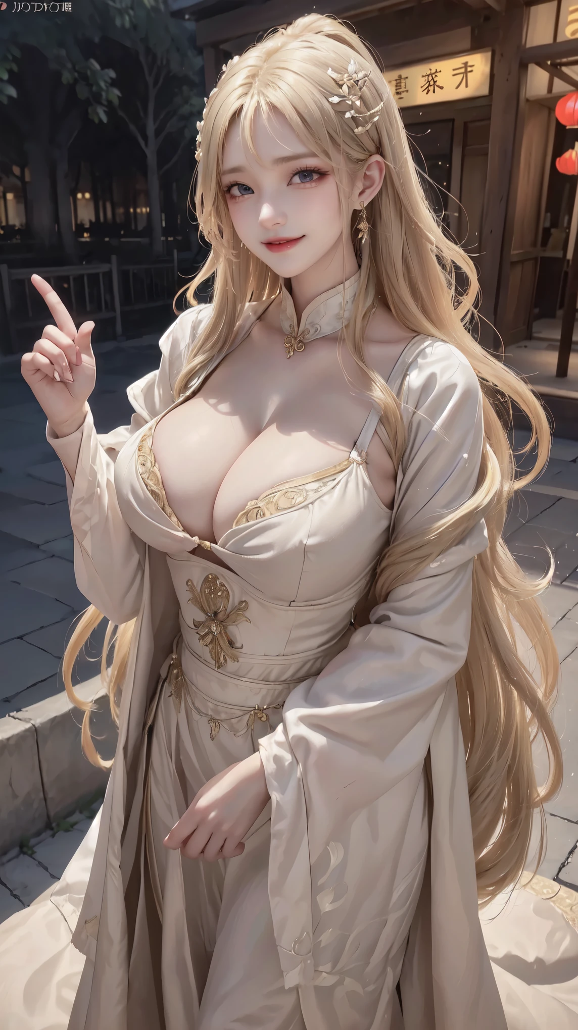 woman((20 years old)), hair((wavy, blonde)), Eye((聪明的Eye, 蓝Eye)), clothing((High neck clothing, pattern, rice coloured)), Accessories ((hair ornaments)), ponytail, Big , huge cleavage, Korean makeup, smiling, amusement park, fountain,