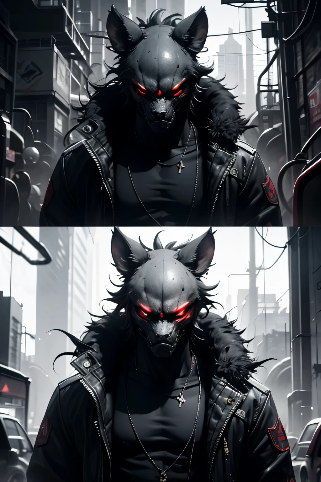 Digital drawing of anthropologymorphic hyena male drawn in cell shaded, ferson, Furry fandom, cyberpunk setting neon rain, anthropology, Wear a cyberpunk jacket 2 0 7 7, detailed face, Nwinkpunk, The perfect style