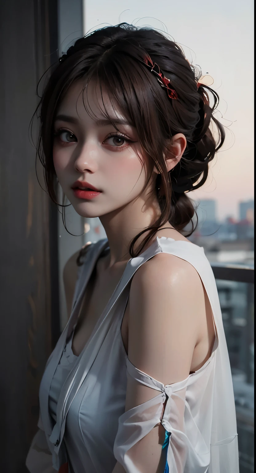 Reddish-brown hair，Long curly hair，high ponytail，red headdress，red eyes，red eye，red pupils，Delicate and detailed eyes，sparkling eyes，blur background