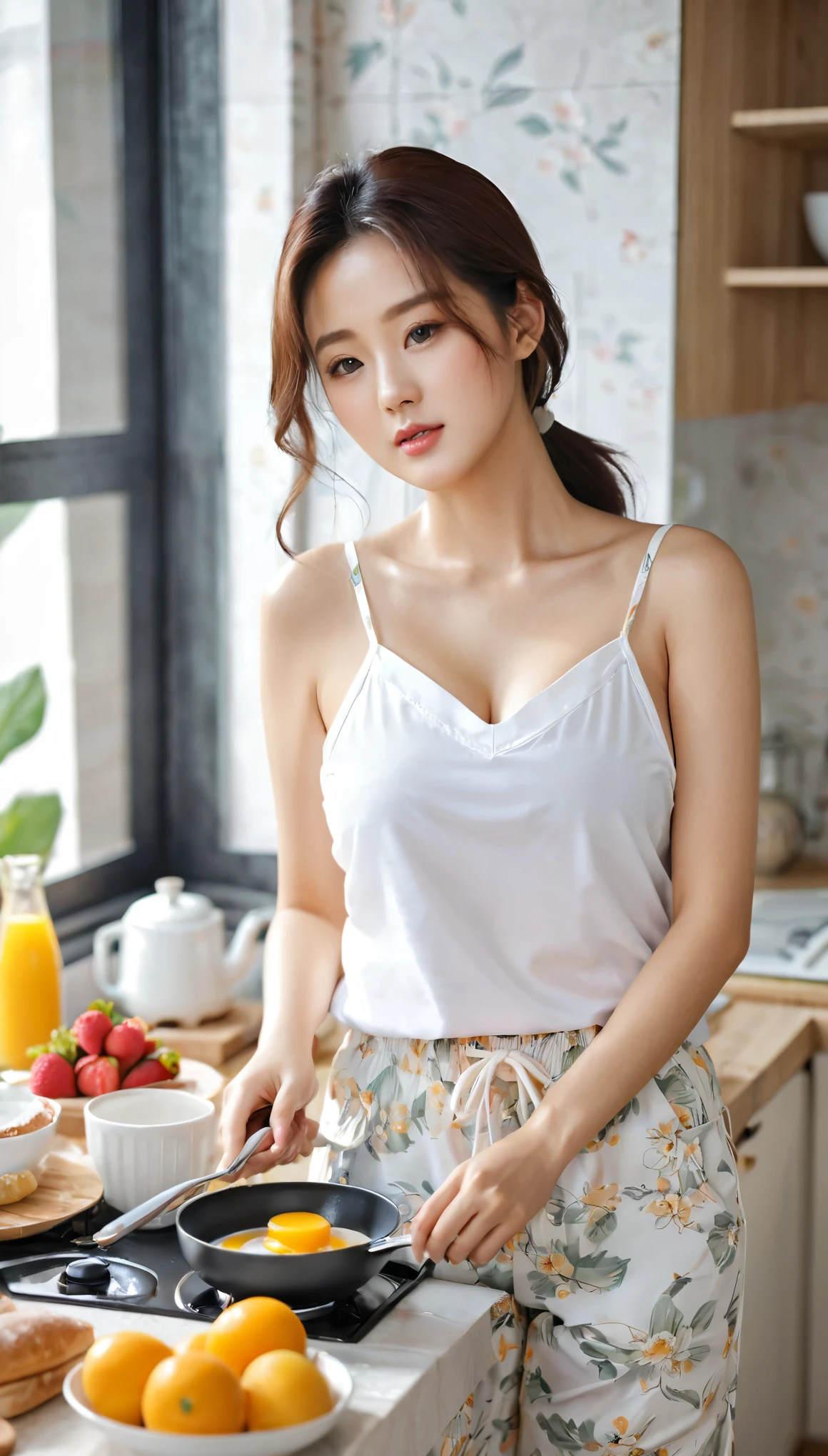 close-up shot of beautiful korean female, 36 inch breasts size, medium hair, wearing a white camisole and white floral pattern drawstring pants, preparing breakfast, in the morning