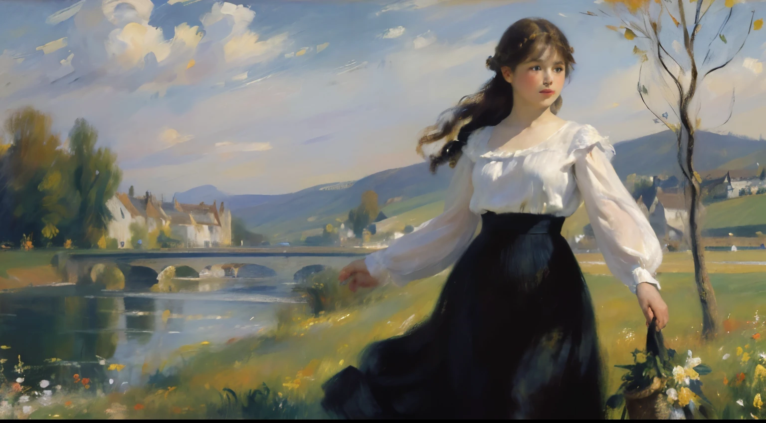 ((Sargent style watercompressionist style painting、Renoir style、(highest quality、masterpiece)、soft light、view of the cotswolds,old farmhouse、stream、flowers bloom、one woman、dark brown hair、braided hair、White blouse and long skirt、picnic、Standing on a hill、blown by the wind、
