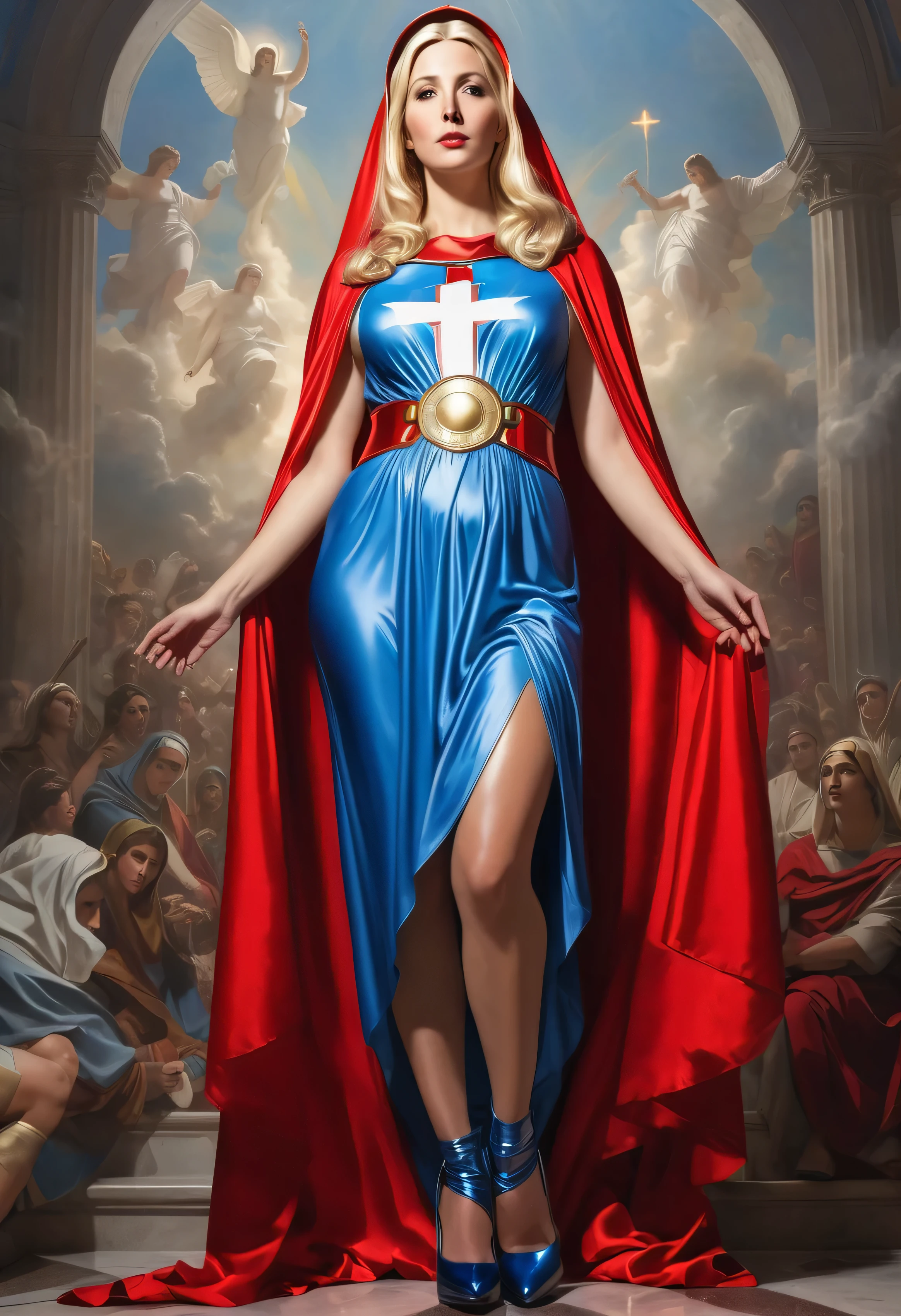 virgin mary as a marvel super hero, cape, super powers, in the sky, electic shooting from her hands look mean and tough but sexy good body