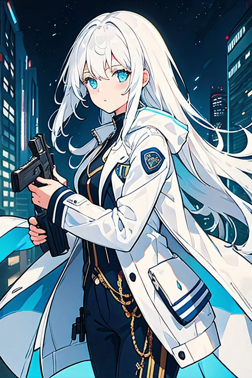girl,white hair,holding a pistol,white jacket,blue stripe on jacket,long hair,There is a strand of hair on the right side.,city background,nighttime,moonlight,High quality