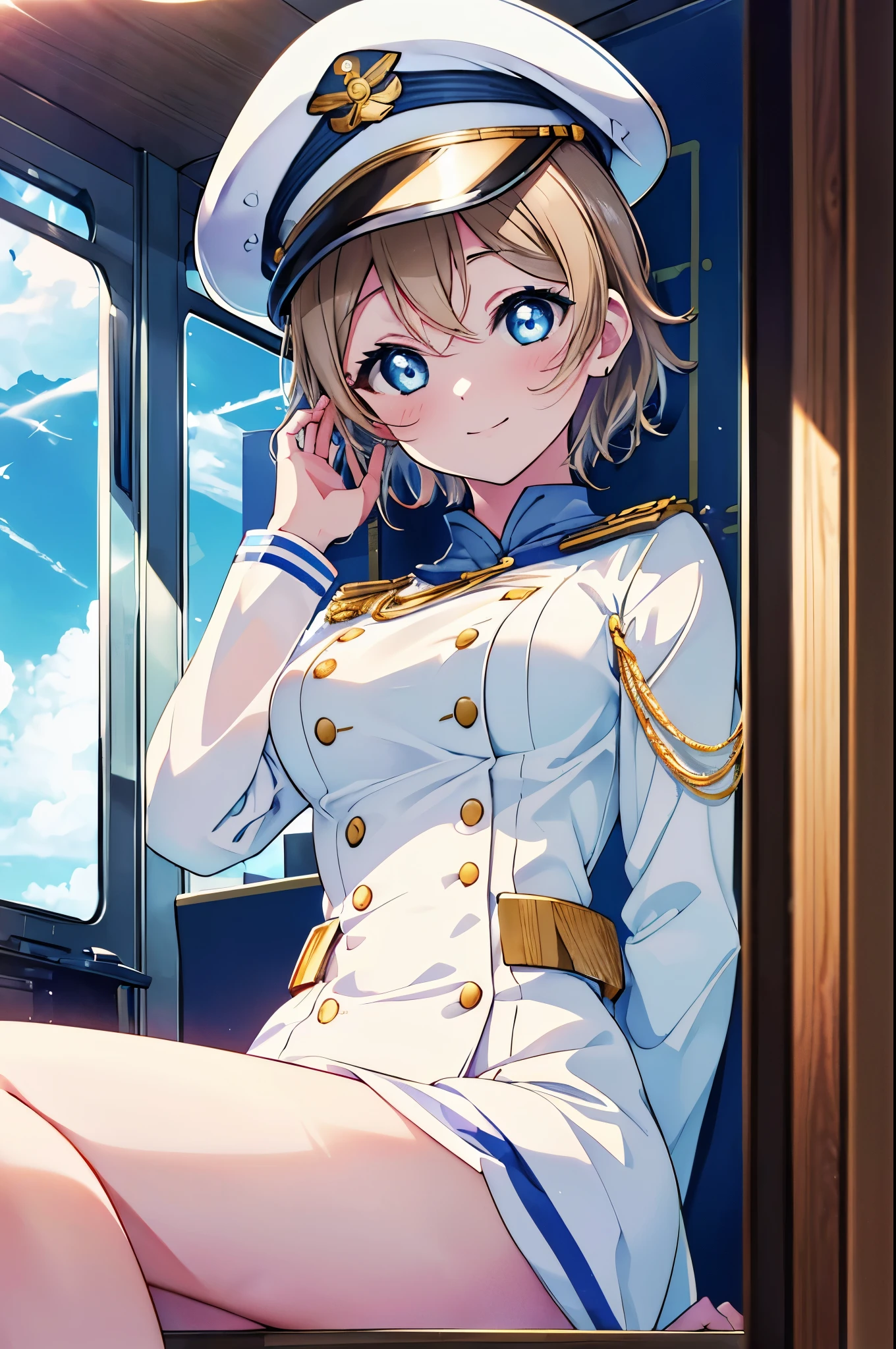 You Watanabe, (blue eyes:1.5), hair between eyes, short hair, (light brown hair), (Medium chest:1.2), smile,(((captain&#39;s white uniform))), (((Captain&#39;s Hat Ship White))), (Garment Details:1.2), Ocean, cloud, blue sky, smile, Inside a passenger ship,I&#39;Sitting cross-legged at the director m&#39;seat of.,
break looking at viewer, whole body,
break indoors, Inside a passenger ship, 
break (masterpiece:1.2), highest quality, High resolution, unity 8k wallpaper, (shape:0.8), (fine and beautiful eyes:1.6), highly detailed face, perfect lighting, Very detailed CG, (perfect hands, perfect anatomy),