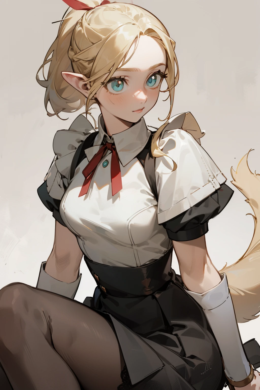 pantyhose，Maid skirt，white top，boots， fashion clothing，long blonde hair，single ponytail，double tail，high ponytail， bust and waist，beautiful blonde，（masterpiece），（（best quality）），（super detailed），（beautiful eyes beautiful details eyes，Clean and delicate face）