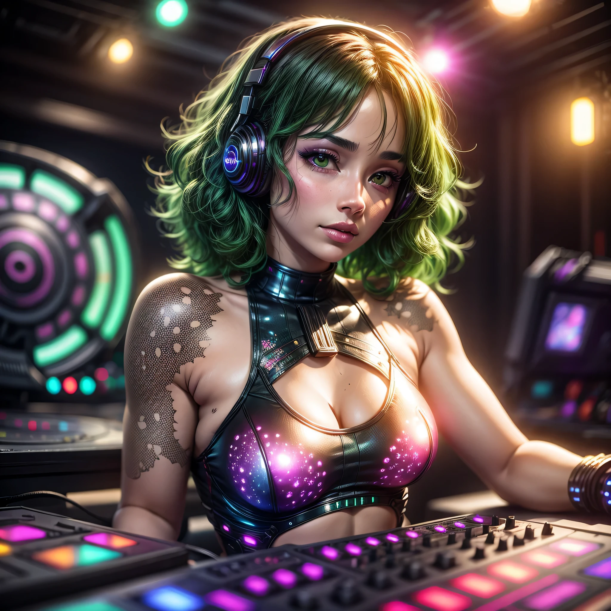 31 years old, Latina, Latina Woman, mature face, perfect and well designed glowing green shiny eyes, (beautiful detailed eyes:1.05), (small breats:1.45), curvy body, beautiful and delicate mature face, (face detail), ((realistic face)), pores, ((pale skin)), detailed skin, realistic skin, (((bioluminescence))), ((shiny skin)), (multicolored gradation skin), short hair, ((((green hair))))), ((curly hair)), (headphones), (tank top and shorts), (bare shoulders:1.6), (cameltoe:1.7), (neckline:1.3), (cleavage:1.3), navel, (pale Skin:1.4), (((flower tattoos all over body, flower tattoos all over legs))), ultra detailed, photorealistic, ((Real image)), (best quality:1.4), super high resolution, (Realistic 2.0), More details, ((night time)), (rainbow lighting), disco ball, disco lights, night club, cyberpunk, ((playing DJ, DJ set, behind DJ Booth, DJ stage, DJ party)), large RGB Speakers, RGB lighting, galaxy background, milky way galaxy,