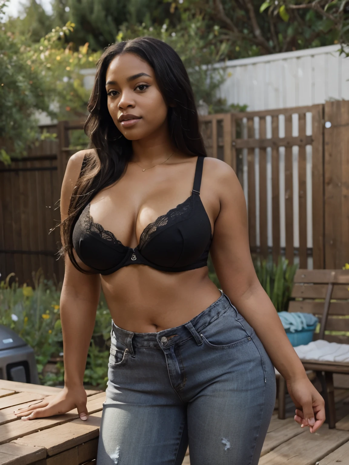 Mixed black ethnicity, curvy girl , wearing short jeans and bra , long hair ,on the backyard