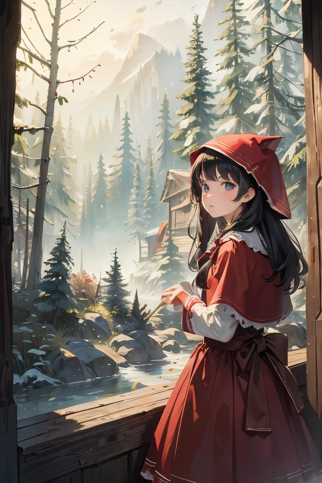 ((best quality)), ((masterpiece)), (detailed), little Red Riding Hood,in the forest,I saw my grandma’s cabin in the distance