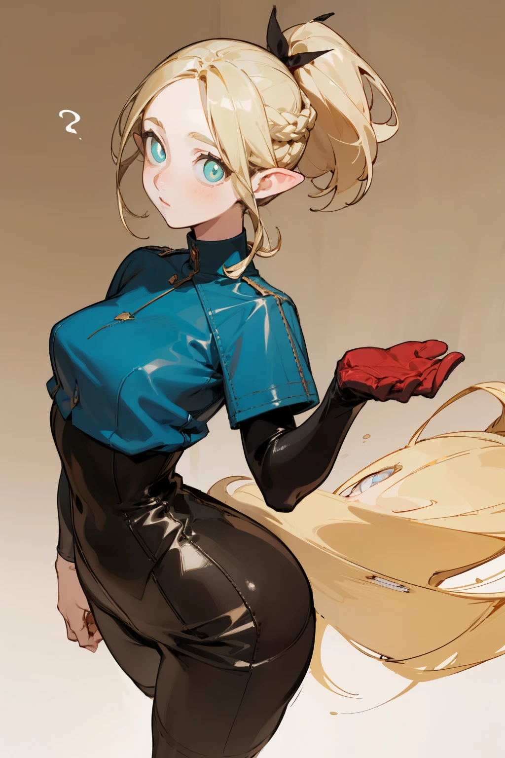 pantyhose,tight leather pants,boots, fashion clothing,long golden hair,single ponytail,high ponytail, bust and waist,beautiful blonde,(masterpiece),((best quality)),(super detailed),(beautiful eyes beautiful details eyes,Clean and delicate face)