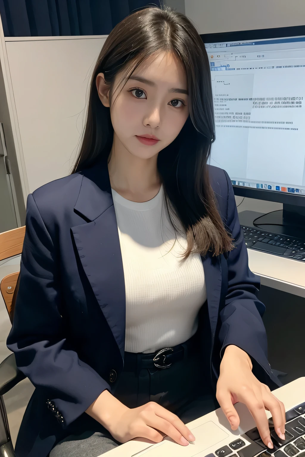 masterpiece、highest quality、8k、1 girl、A woman who looks about 30 years old、shiny skin、thin waist、I&#39;仕事中のI of high heels,Upper body,Beautiful woman、Beautiful woman、cute、dual、beautiful face、Japanese、casual suit、I&#39;仕事中のI、Inside the company、casual、My face is in order、slacks、short cut hair、less skin exposure、wearing a navy jacket、wearing white pants、looking at computer display、Touching the keyboard、