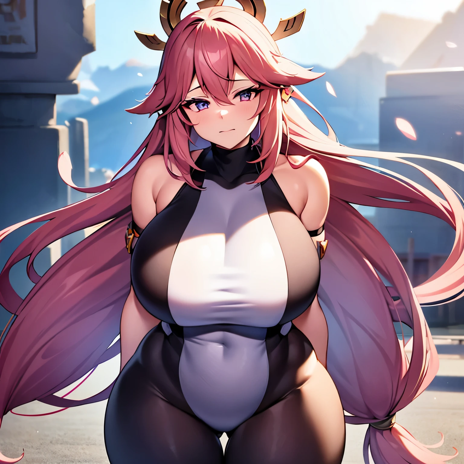 ((extreme detail)),(ultra-detailed), extremely detailed CG unity 8k wallpaper, best quality, Yae_Miko_Genshin_Impact, bodysuit, posing, cowboy shot, lens flare. Girl with thick fat chunky physique. Her height is around 5 feet 2 inches (157 cm), with a huge mommy body. Her skin tone is fair and smooth, giving her an older appearance. In terms of facial features, Hinata has a soft and gentle countenance. She has a slim nose, and her lips are naturally pink and slightly full. Her eyebrows are well-shaped and neatly arched, framing her eyes beautifully. Her  are huge and well-shaped. they are massive and u can see a nipple outline Overall, Hinata's appearance is characterized by her serene and kind expression, representing her gentle nature. A sexy girl with huge  and a thick body is wearing a body-tight suit where you can see all of her curves and nipple outline white hair. She is thick busty fat and has huge  her suit is very very tight and covers her whole body you can see all of her curves and body. Full body suit very tight you can see her full body