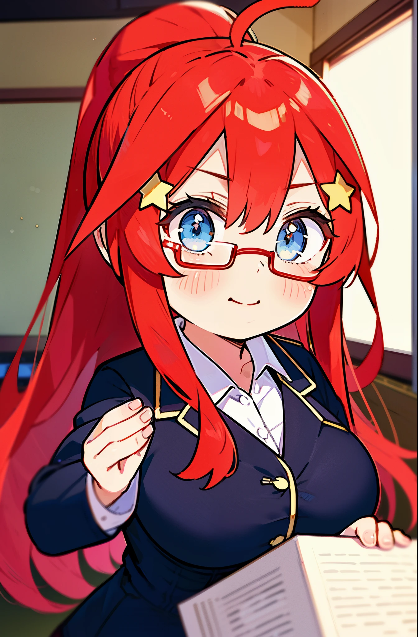 itsukinakano, Itsuki Nakano, bangs, blue eyes, hair between eyes, Ahoge, redhead, star \(symbol\), hair ornaments, star hair ornaments,ponytail, blue eyes, big breasts , smile,8k,highest quality,masterpiece,OL, red glasses, end, black suit jacket, collared jacket, white dress shirt, collared shirt, neckline, button, strap, ID card on the neck,black pantyhose,all,have a textbook,corridorを歩いてる,
break indoors, School, corridor,
break (masterpiece:1.2), highest quality, High resolution, unity 8k wallpaper, (shape:0.8), (fine and beautiful eyes:1.6), highly detailed face, perfect lighting, Very detailed CG, (perfect hands, perfect anatomy),