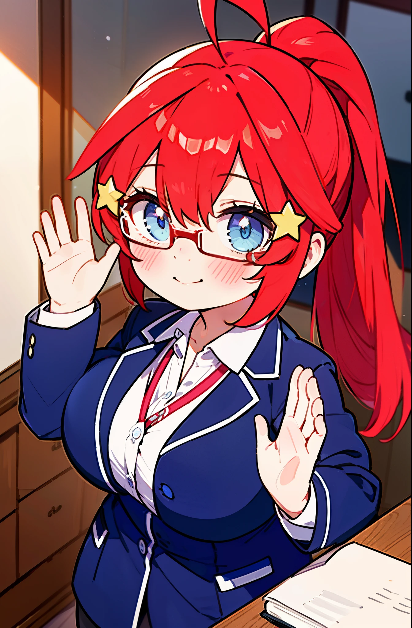 itsukinakano, Itsuki Nakano, bangs, blue eyes, hair between eyes, Ahoge, redhead, star \(symbol\), hair ornaments, star hair ornaments,ponytail, blue eyes, big breasts , smile,8k,highest quality,masterpiece,OL, red glasses, end, black suit jacket, collared jacket, white dress shirt, collared shirt, neckline, button, strap, ID card on the neck,black pantyhose,all,have a textbook,corridorを歩いてる,
break indoors, School, corridor,
break (masterpiece:1.2), highest quality, High resolution, unity 8k wallpaper, (shape:0.8), (fine and beautiful eyes:1.6), highly detailed face, perfect lighting, Very detailed CG, (perfect hands, perfect anatomy),