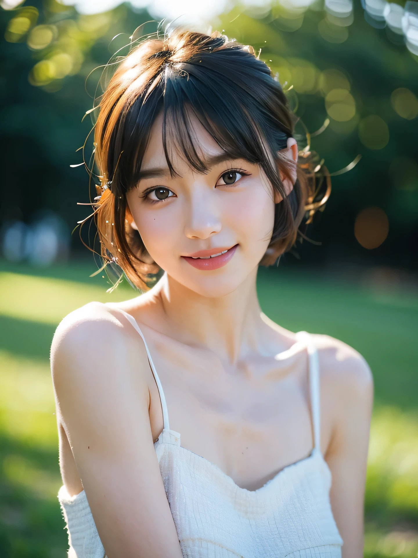 masterpiece, Best Quality, Raw photo, 8K, 1girl, Beautiful detailed skin, backlight, soft light, bashful, embarrassed, smile, Luminescent, Anatomically correct, short hair, bangs, Eyes and faces with detailed, Textured skin, Professional Photography, Bokeh, Portrait, Professional Lighting, Solo, petrified, Cute, Girly, Film grain, dress,