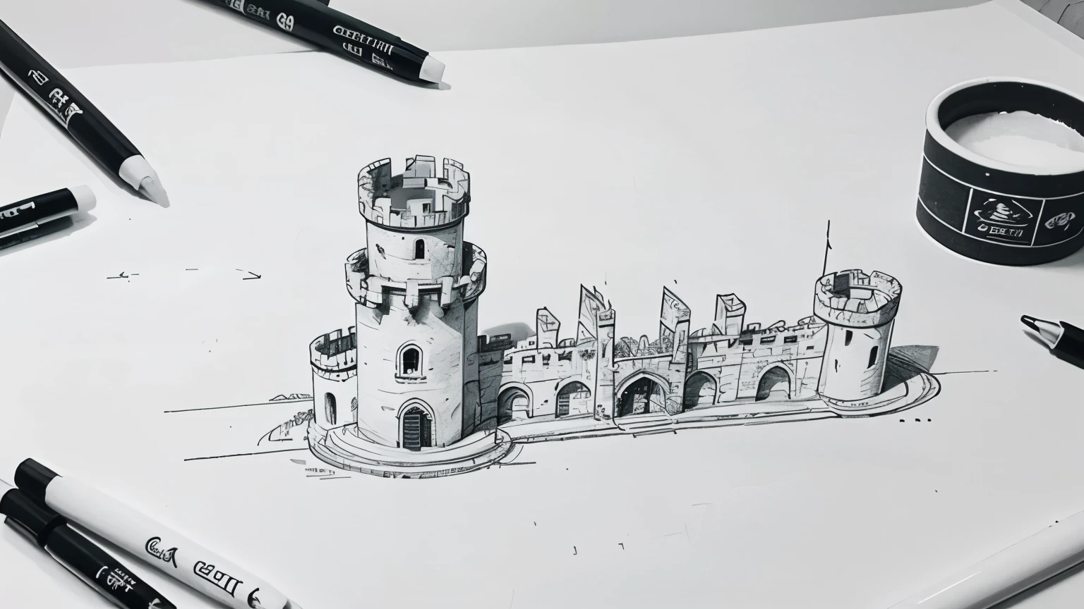 Crea un boceto de un castillo, solo las lineas del croquis en blanco y negro.