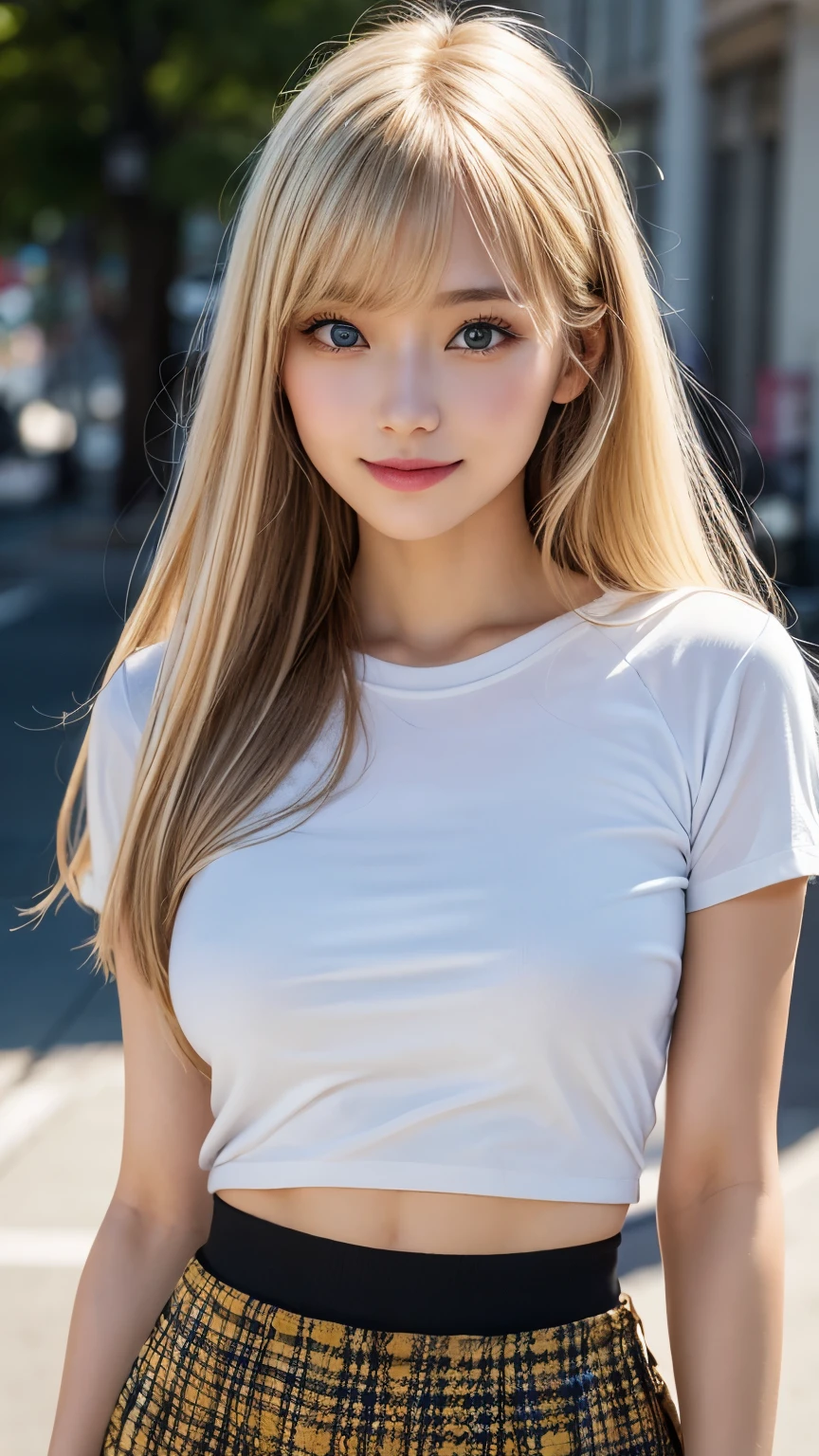 highest quality、8k masterpiece、ultra high resolution、(realistic:1.3)、RAW photo、Shining blonde Scandinavian beautiful girl、Beautiful shiny platinum blonde hair、super long straight hair、bangs between eyes、Very beautiful bright light blue eyes、very big eyes、Eyes shining towards the camera、neon details、small face beauty、round face、cheek gloss highlight、sexy big breasts,A 13-year-old beautiful girl looks sexy and cute & cute beautiful sexy face, The strong wind blows the hair in front of my face,Beautiful super long metallic blonde straight hair with beautiful cute and sexy eyes hidden behind long bangs、Navel Shirt、Very short yellow and black checked miniskirt、Turn around and look at me with a smile、