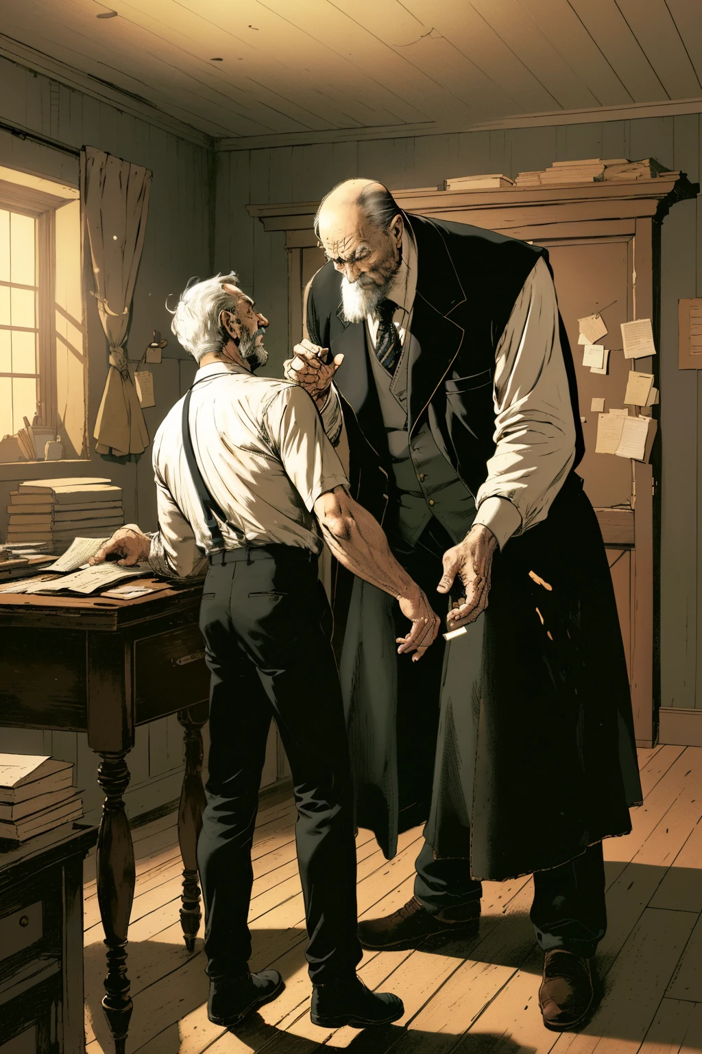 In a dimly lit room, two figures stand out in contrast. One man, significantly shorter than the other, hunches over an old desk, his fingers dancing nimbly across the worn keys of a typewriter. His expression is intense, as if engrossed in a thought-provoking puzzle. The floorboards creak with each of his steps, a soft yet audible reminder of his presence. The air holds a faint, musty scent, a testament to the aged documents piled high around him. His clothing, though worn and faded, shows signs of meticulous care.
The other man dominates the space around him, towering over the smaller figure. He stands motionless, a silent observer