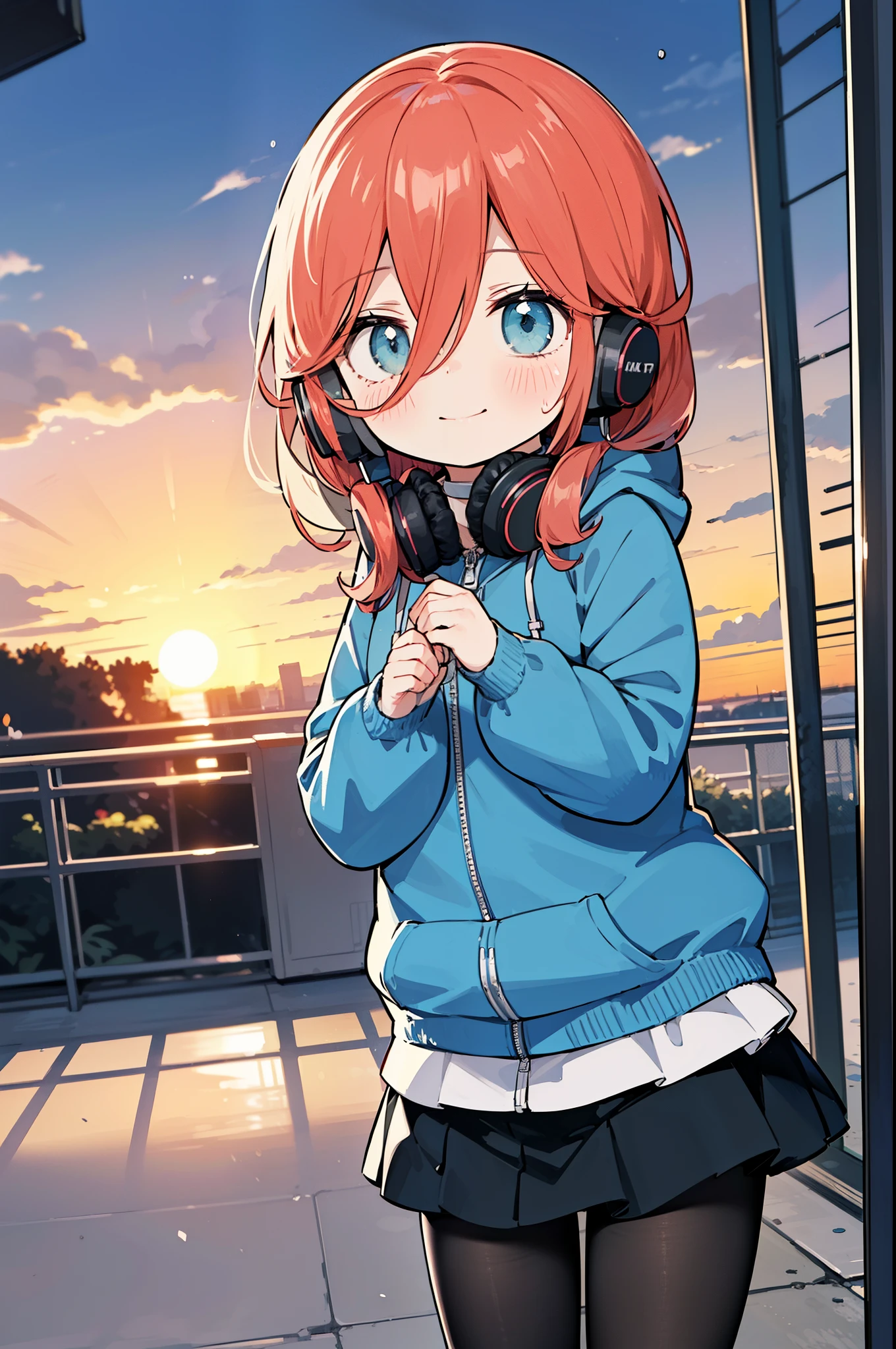 miku nakano, Nakano Miku Ticket III, long hair, bangs, blue eyes, brown hair, hair between eyes, blush,smile,Headphones around the neck 1:1,blue hoodie,wearing a hood,Green pleated skirt,gray pantyhose,short boots,I put my hand in my hoodie pocket..,sunrise,morning,morning日,blow bubble gum, ピンクの風船ガム
break outdoors, city,building street,
break looking at viewer, (cowboy shot:1.5), 
break (masterpiece:1.2), highest quality, High resolution, unity 8k wallpaper, (shape:0.8), (thin and beautiful eyes:1.6), highly detailed face, perfect lighting, Very detailed CG, (perfect hands, perfect anatomy),
